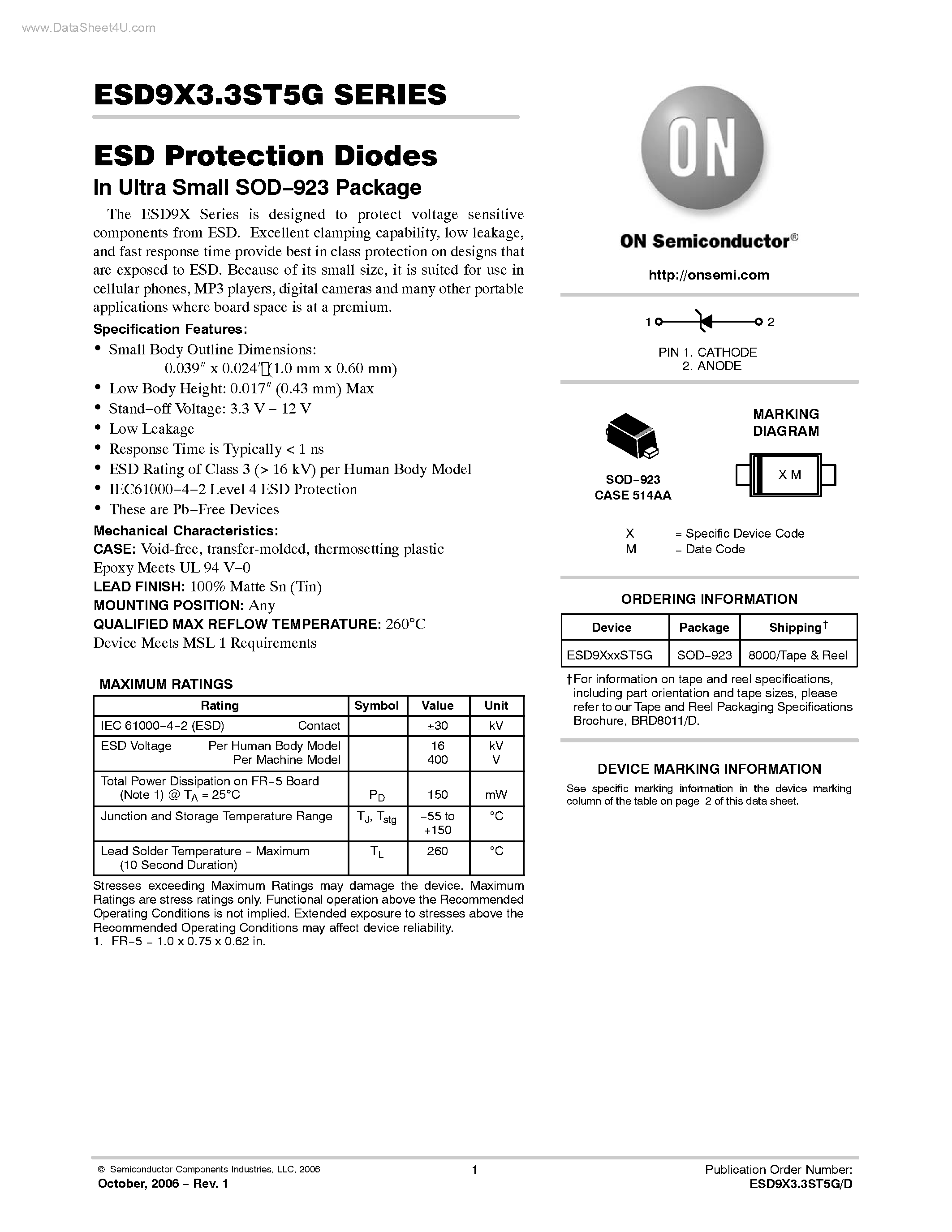 Даташит на микросхему ESD9X12ST5G страница 1 Даташит ESD9X12ST5G - ESD Protection Diodes страница 1