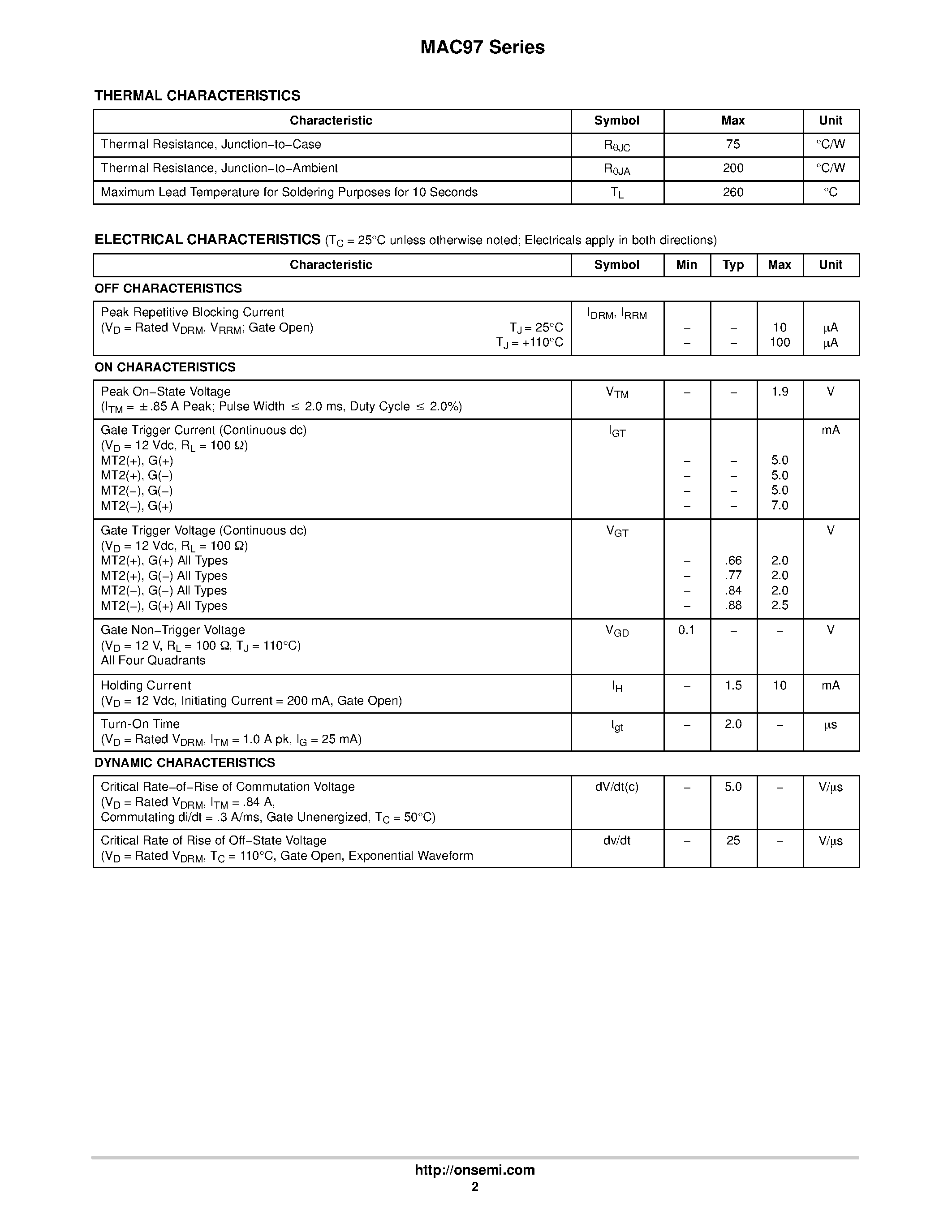 Datasheet MAC97 - Sensitive Gate Triacs Silicon Bidirectional Thyristors page 2