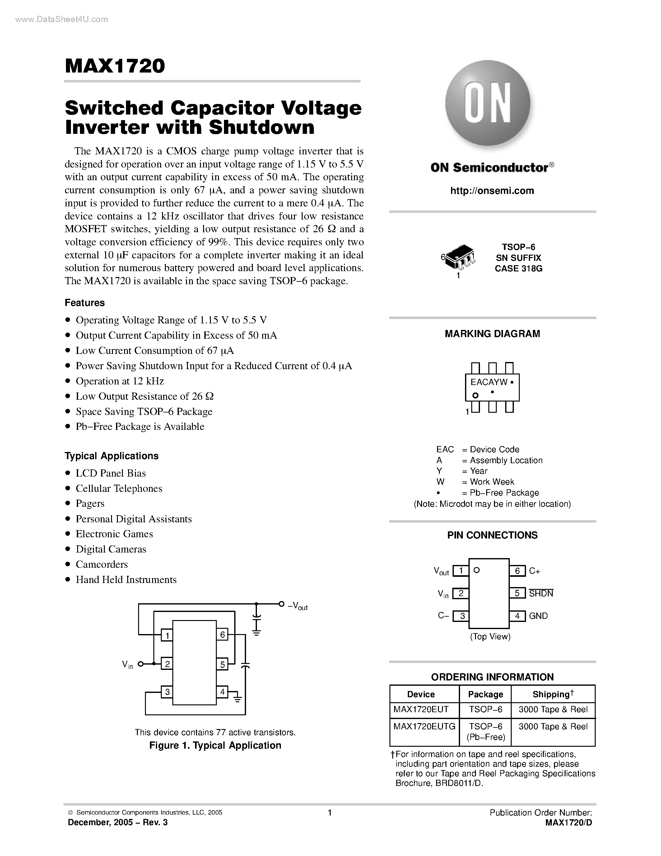 Datasheet MAX1720 - Switched Capacitor Voltage Inverter page 1