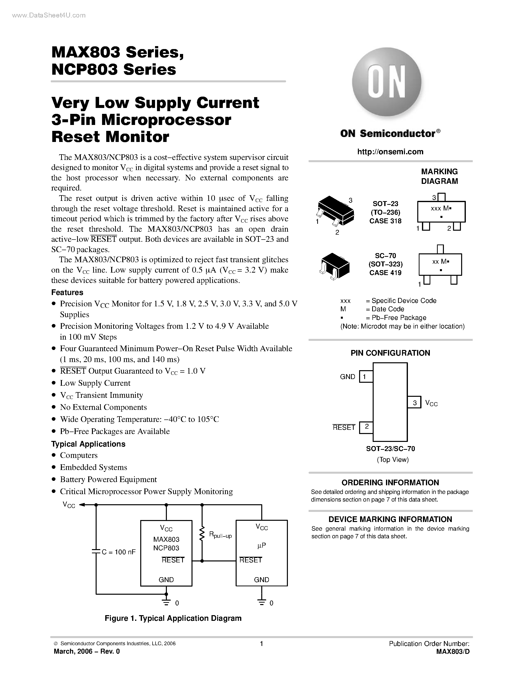 Datasheet MAX803 - Very Low Supply Current 3-Pin Microprocessor Reset Monitor page 1