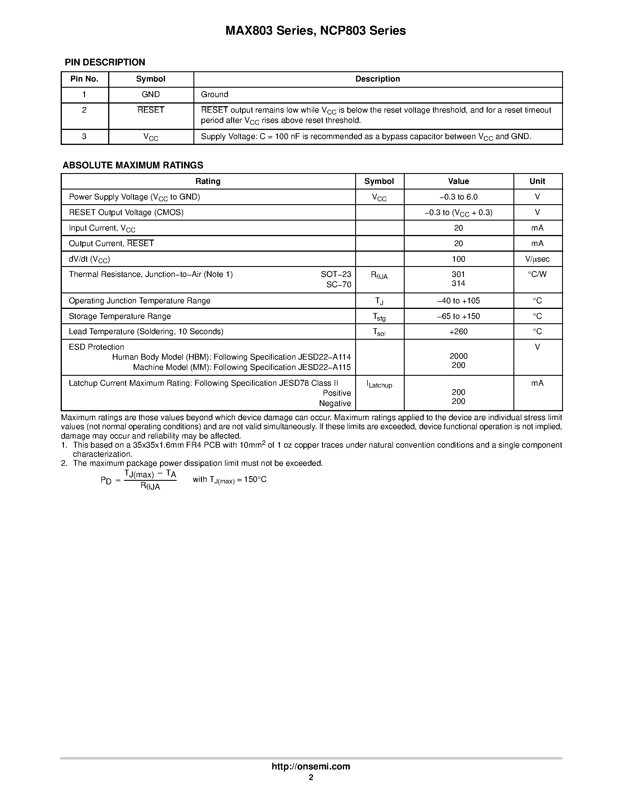 Datasheet NCP803 - Very Low Supply Current 3-Pin Microprocessor Reset Monitor page 2