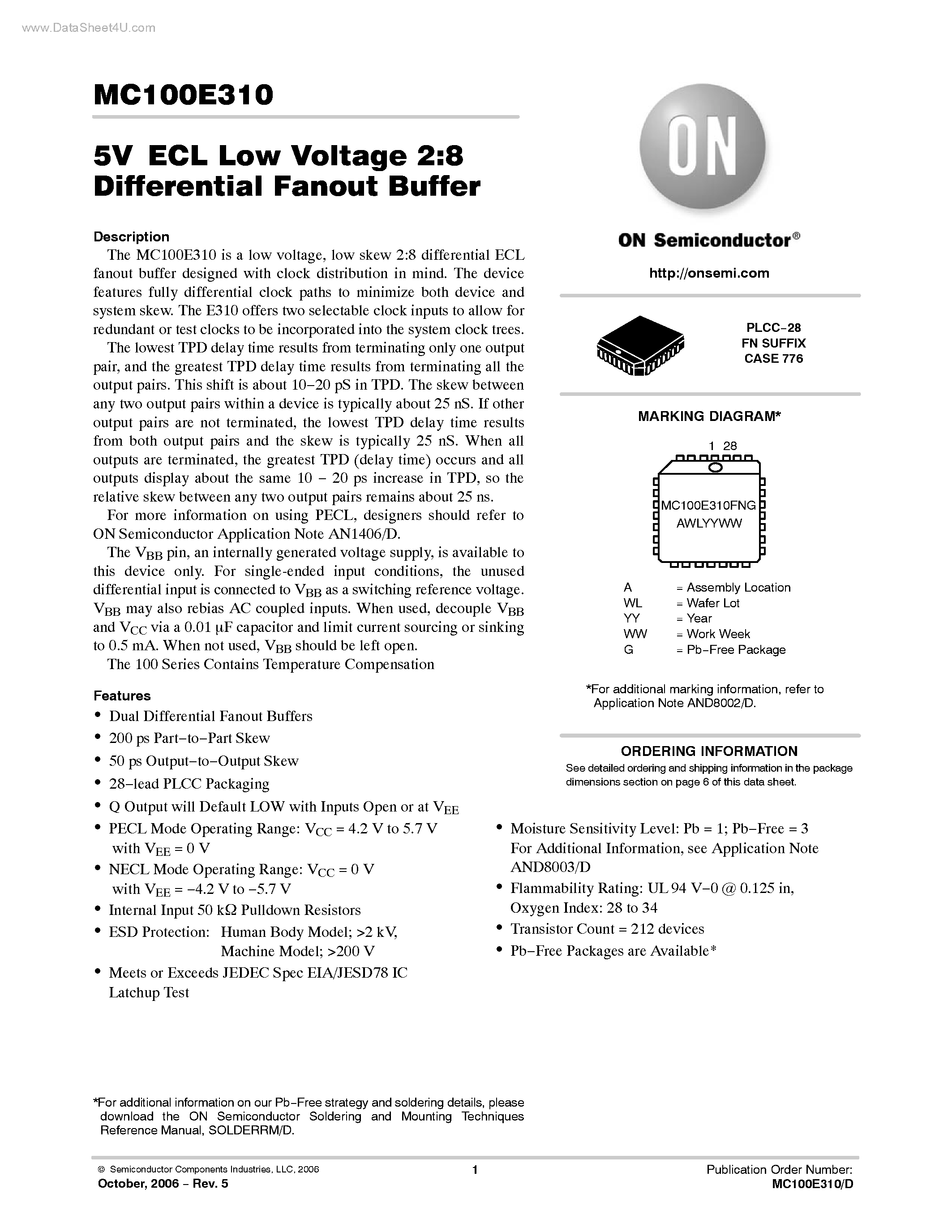 Даташит на микросхему MC100E310 страница 1 Даташит MC100E310 - 5V ECL Low Voltage 2:8 Differential Fanout Buffer страница 1