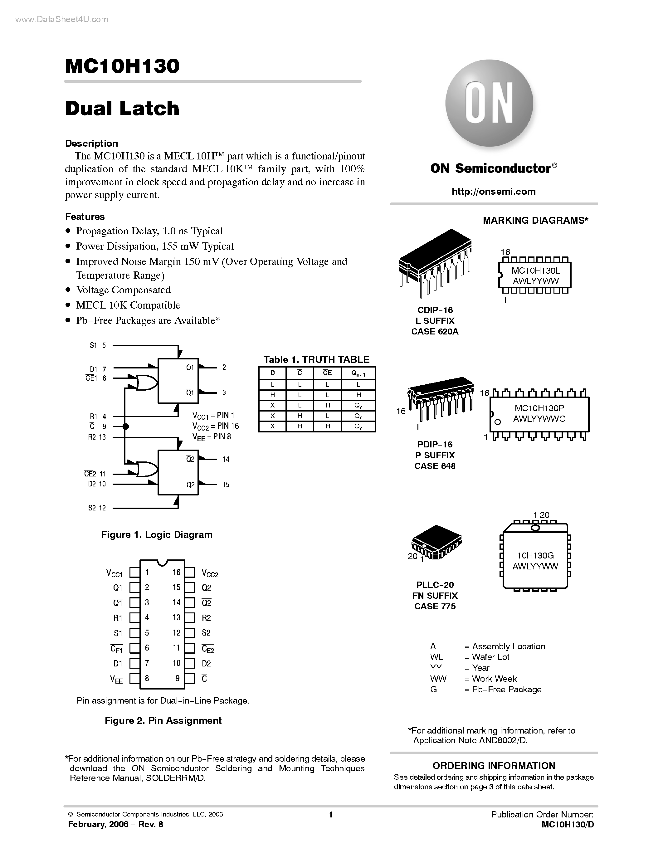 Даташит на микросхему MC10H130 страница 1 Даташит MC10H130 - Dual Latch страница 1