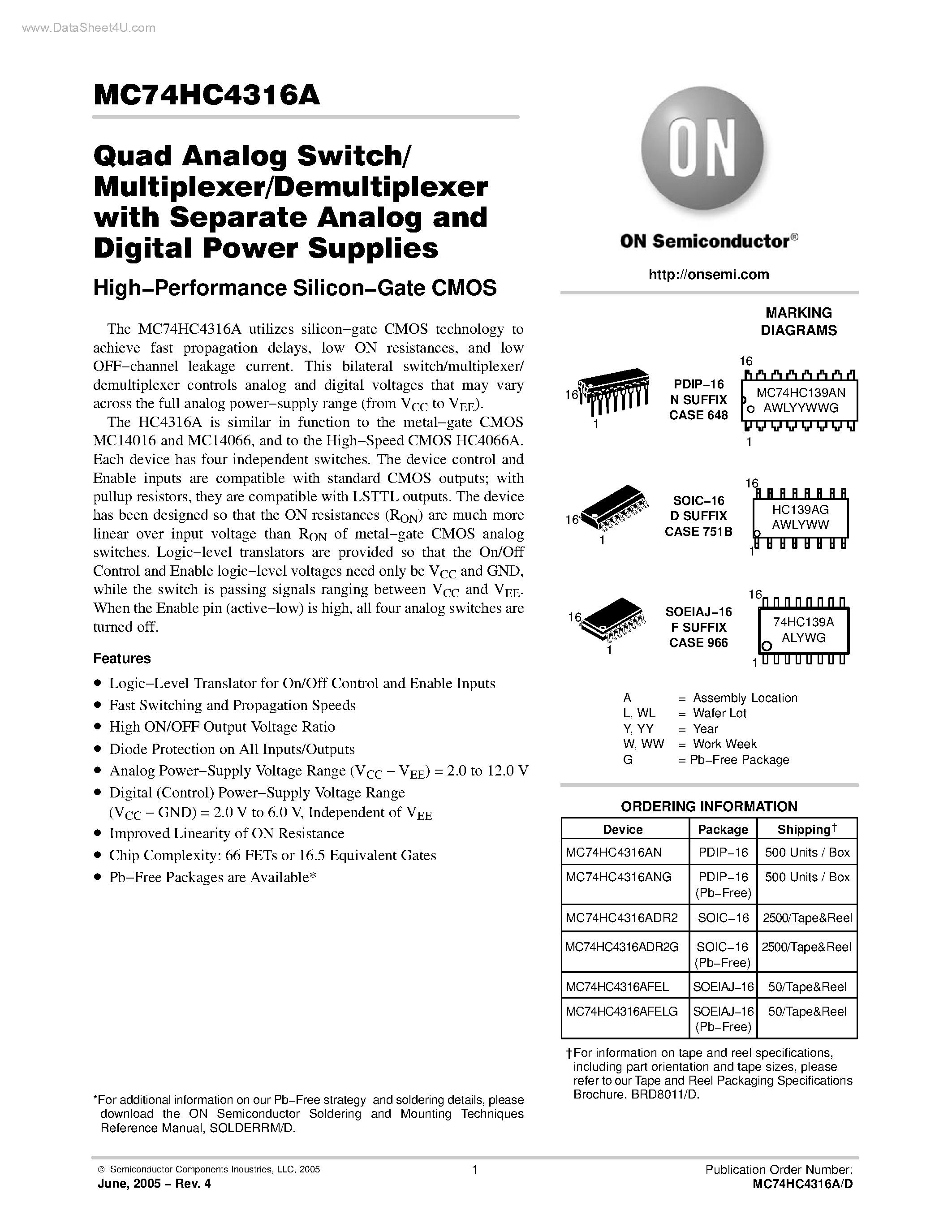 Даташит MC74HC4316A - Quad Analog Switch/Multiplexer/Demultiplexer страница 1