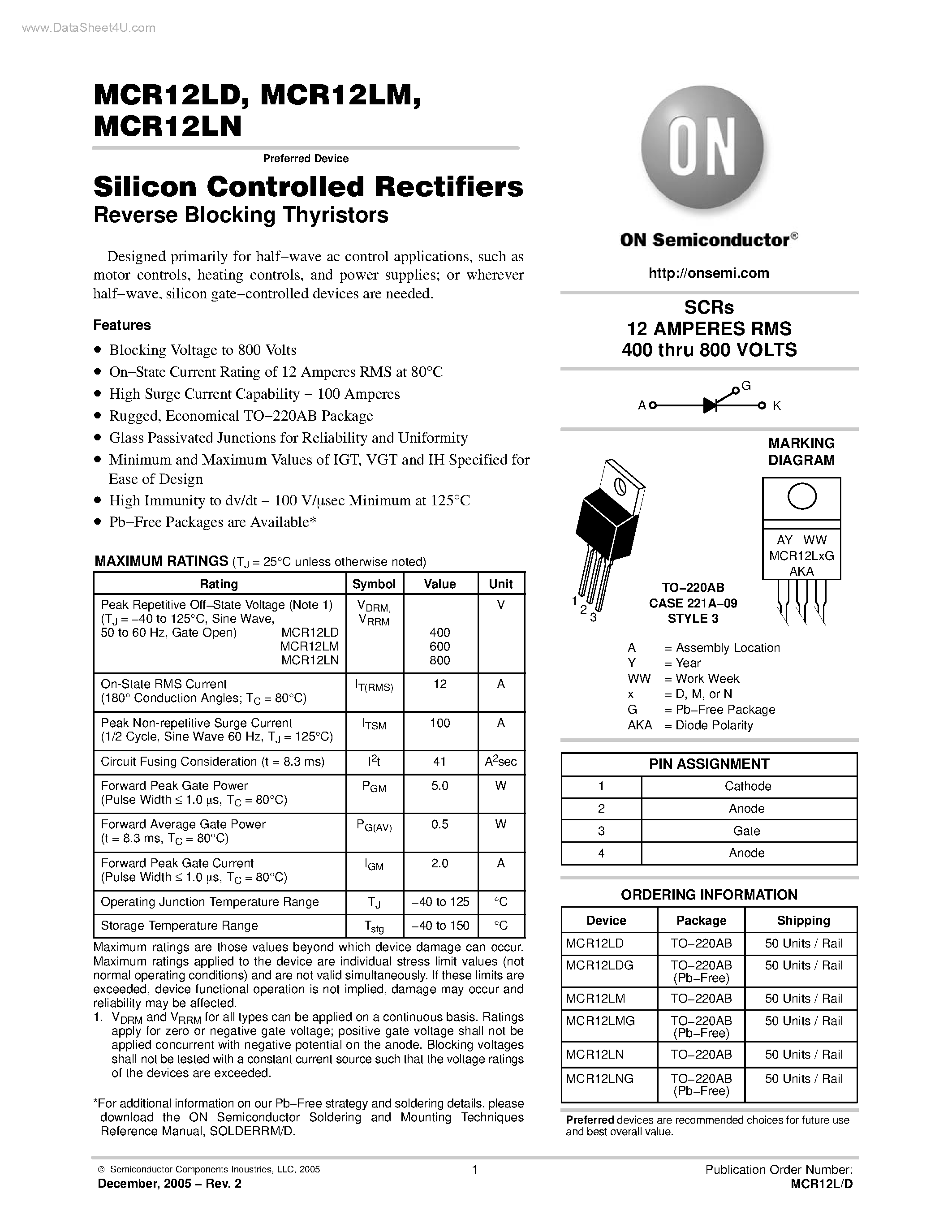 Datasheet MCR12L - Silicon Controlled Rectifiers Reverse Blocking Thyristors page 1