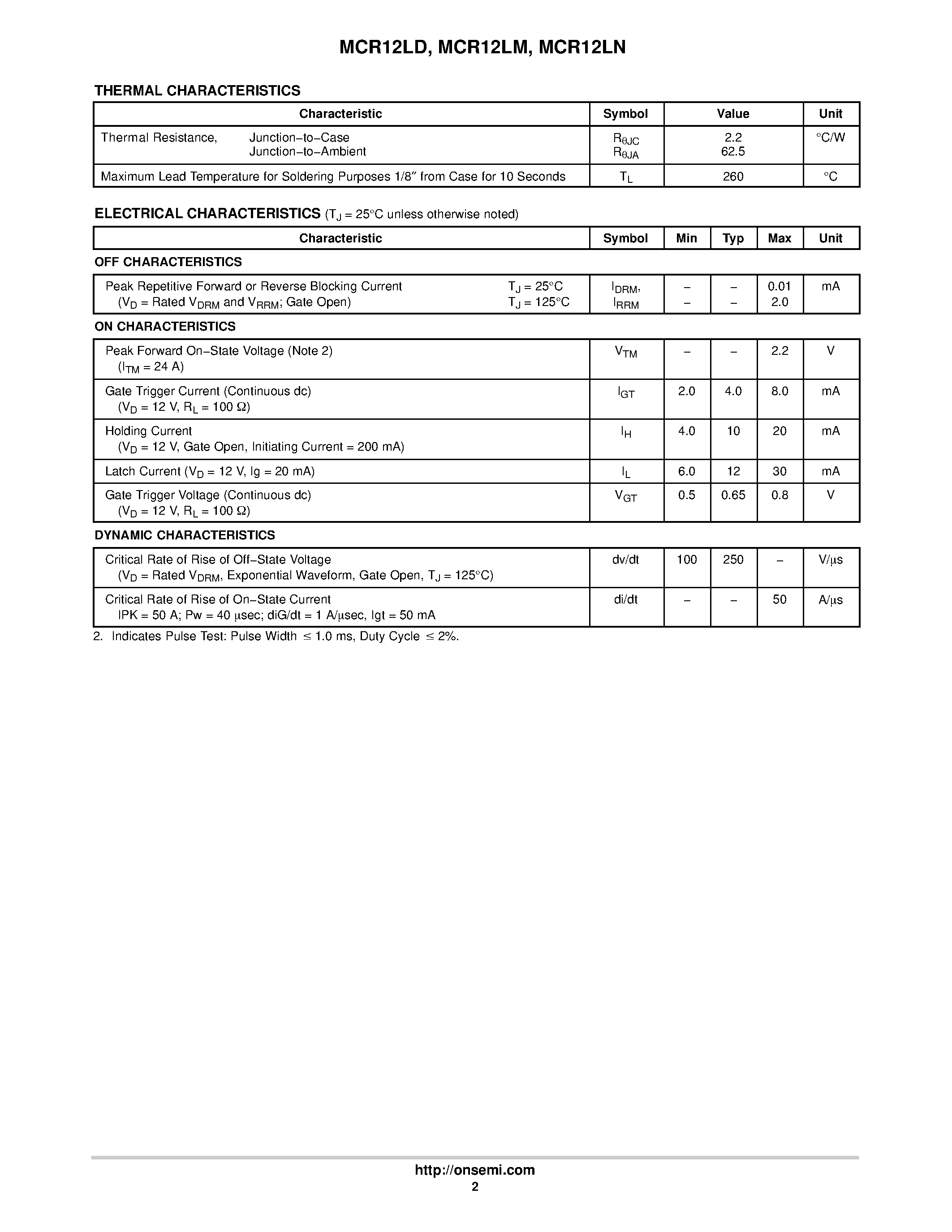 Datasheet MCR12L - Silicon Controlled Rectifiers Reverse Blocking Thyristors page 2