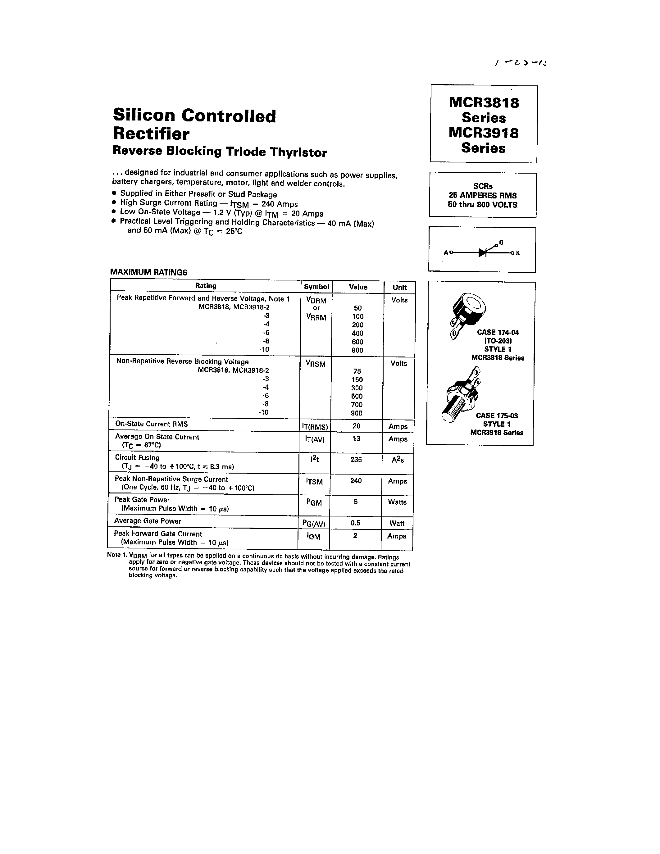 Datasheet MCR3818 - (MCR3818 / MCR3918) Silicon Controlled Rectifier Reverse Blocking Triode Thyristor page 1