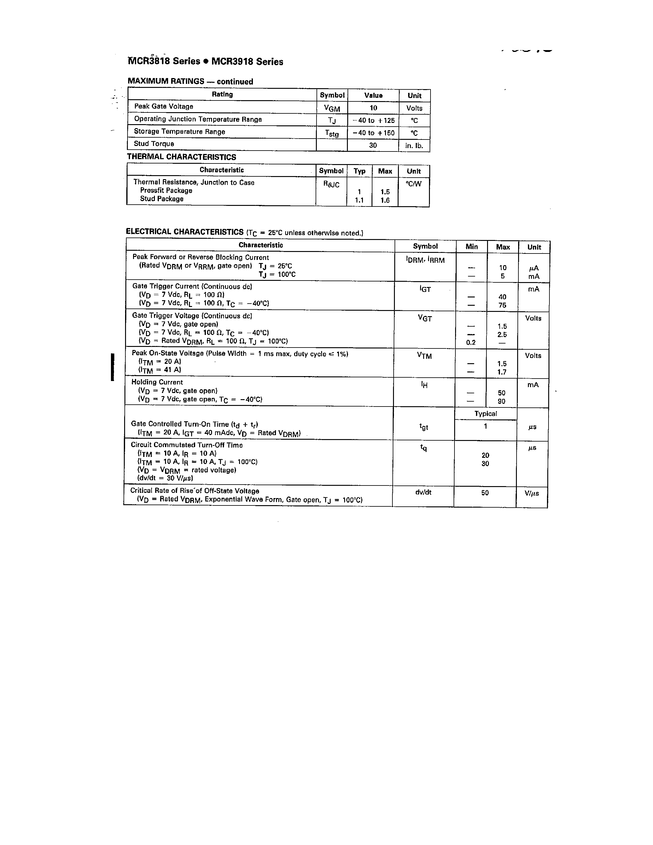 Даташит на микросхему MCR3818 страница 2 Даташит MCR3818 - (MCR3818 / MCR3918) Silicon Controlled Rectifier Reverse Blocking Triode Thyristor страница 2