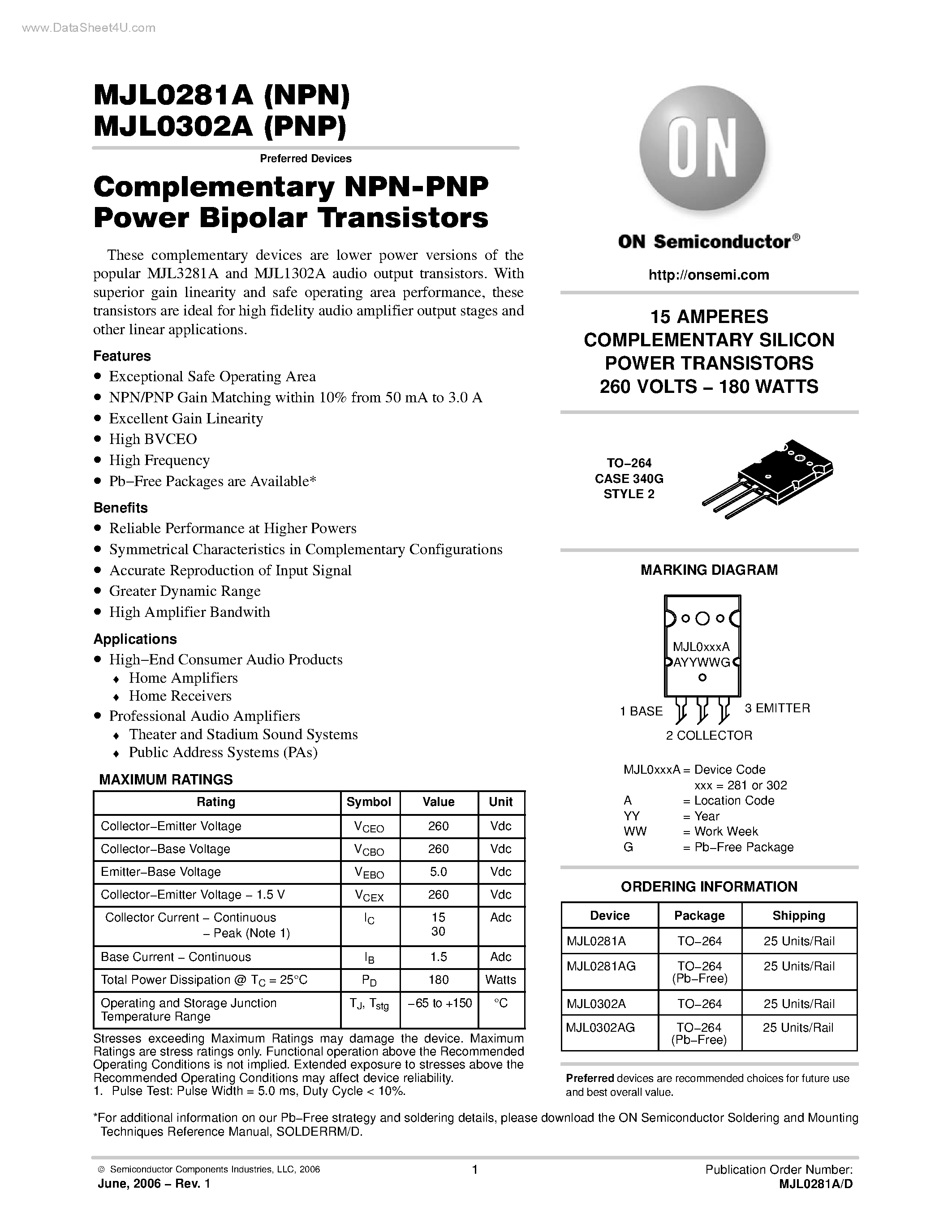 Datasheet MJL0281A page 1 Datasheet MJL0281A - (MJL0281A / MJL0302A) Complementary NPN-PNP Power Bipolar Transistors page 1
