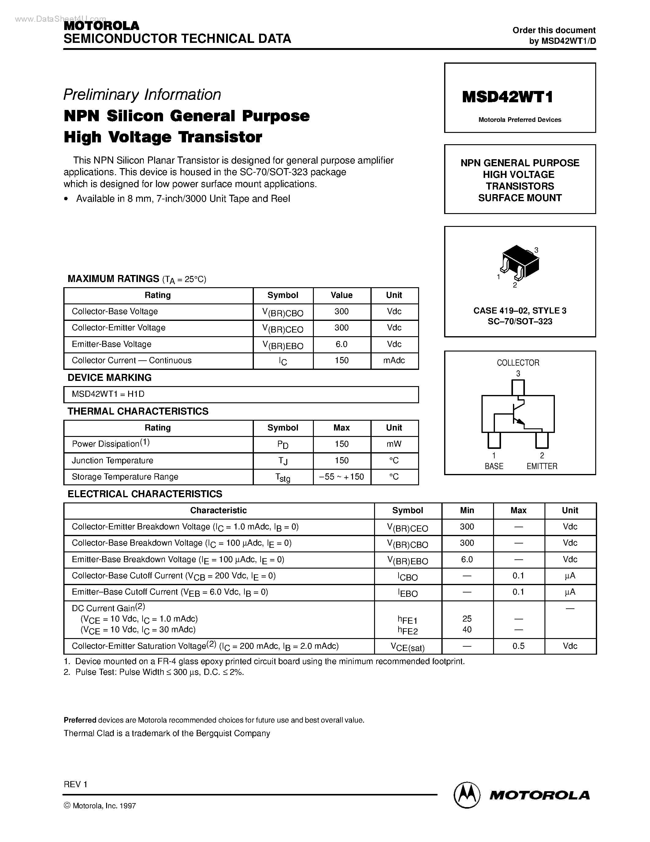 Datasheet MSD42WT1 - NPN GENERAL PURPOSE HIGH VOLTAGE TRANSISTORS SURFACE MOUNT page 1