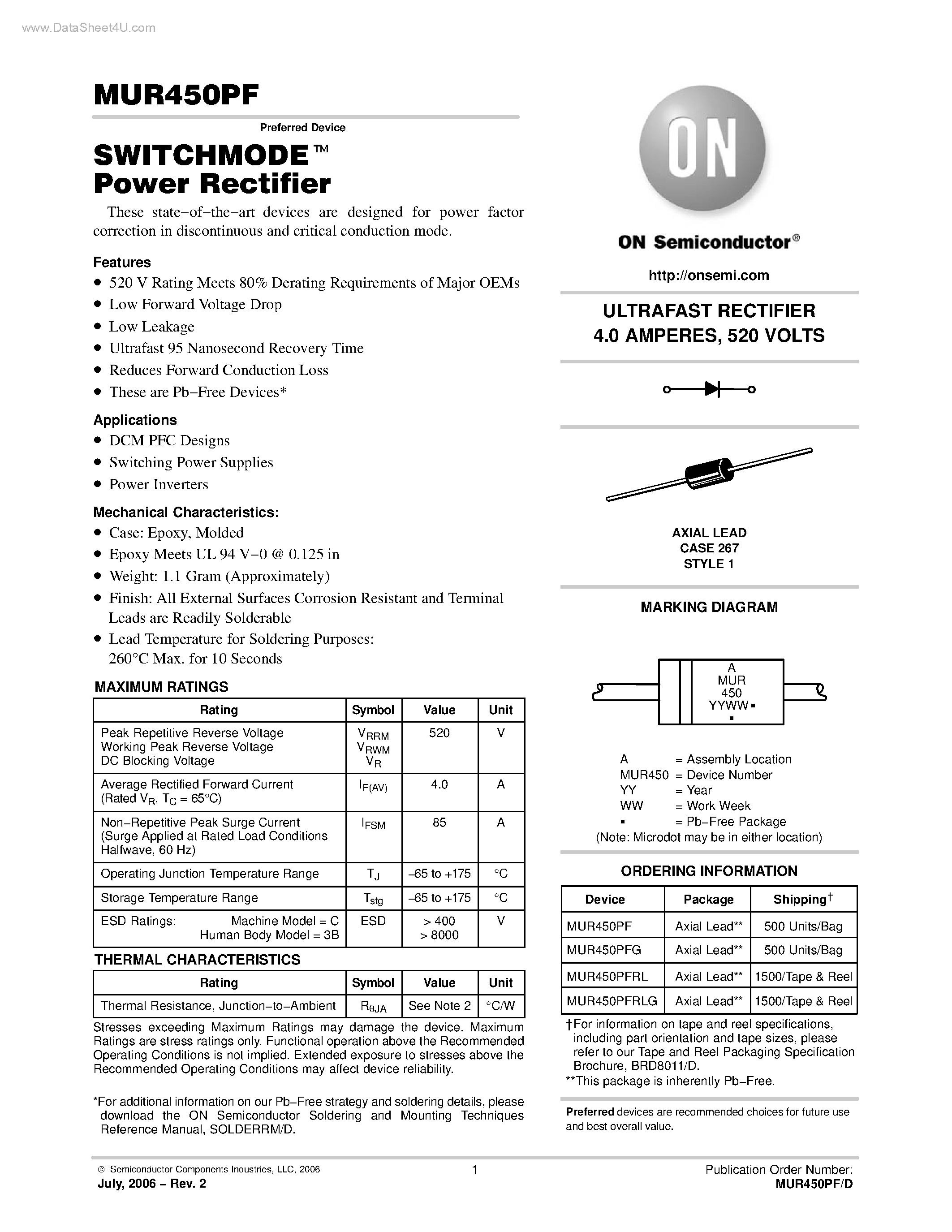 Даташит MUR450PF - SWITCHMODE Power Rectifier страница 1