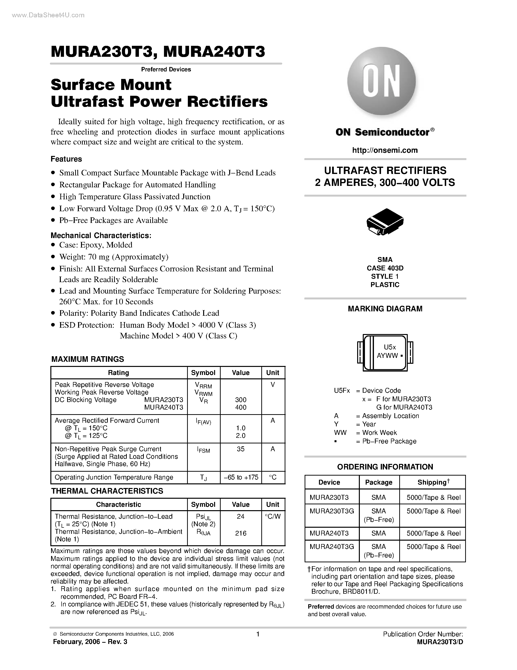 Datasheet MURA230T3 page 1 Datasheet MURA230T3 - (MURA230T3 / MURA240T3) Surface Mount Ultrafast Power Rectifiers page 1