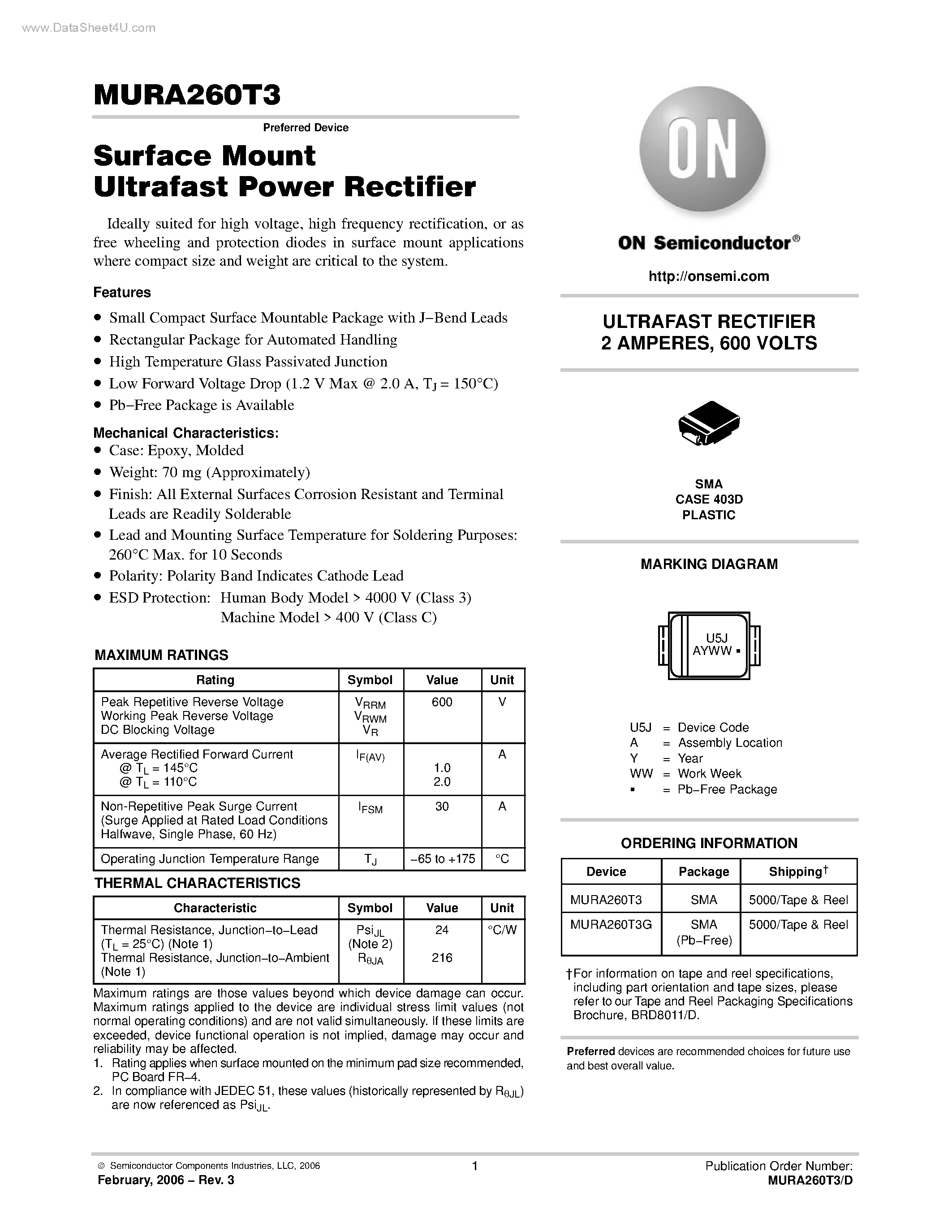 Даташит MURA260T3 - Surface Mount Ultrafast Power Rectifier страница 1