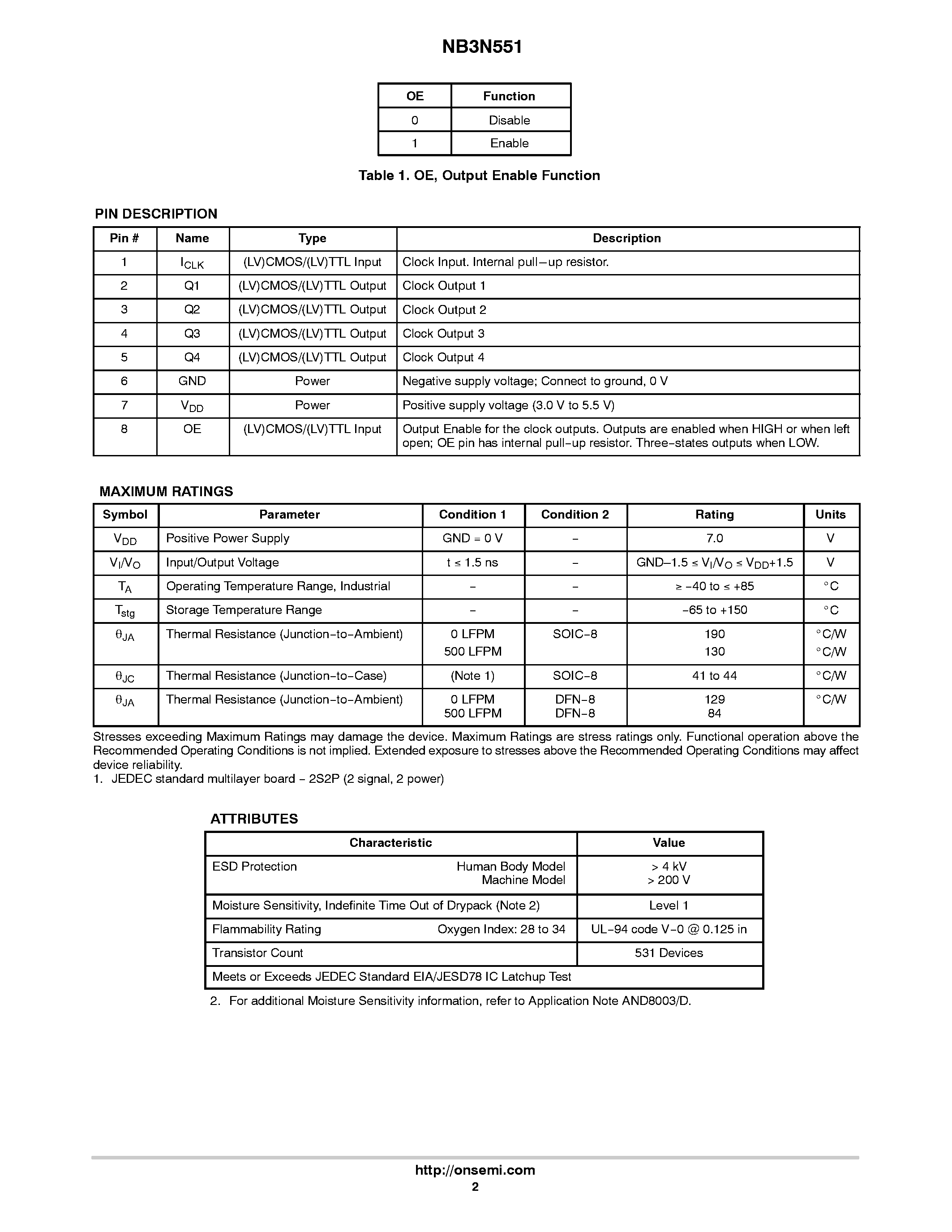 Datasheet NB3N551 - Ultra-Low Skew 1:4 Clock Fanout Buffer page 2