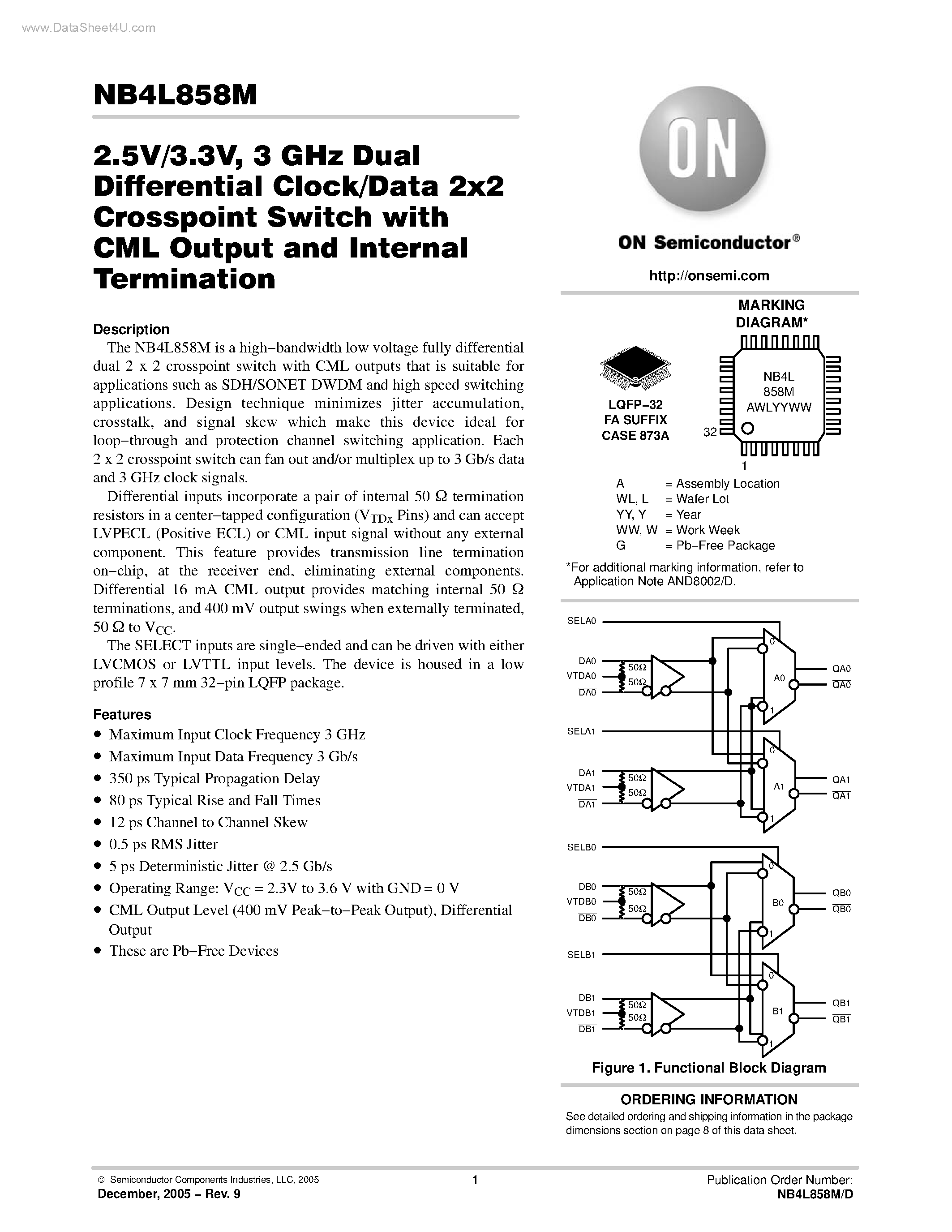 Datasheet NB4L858M - Dual Differential Clock/Data 2x2 Crosspoint Switch page 1
