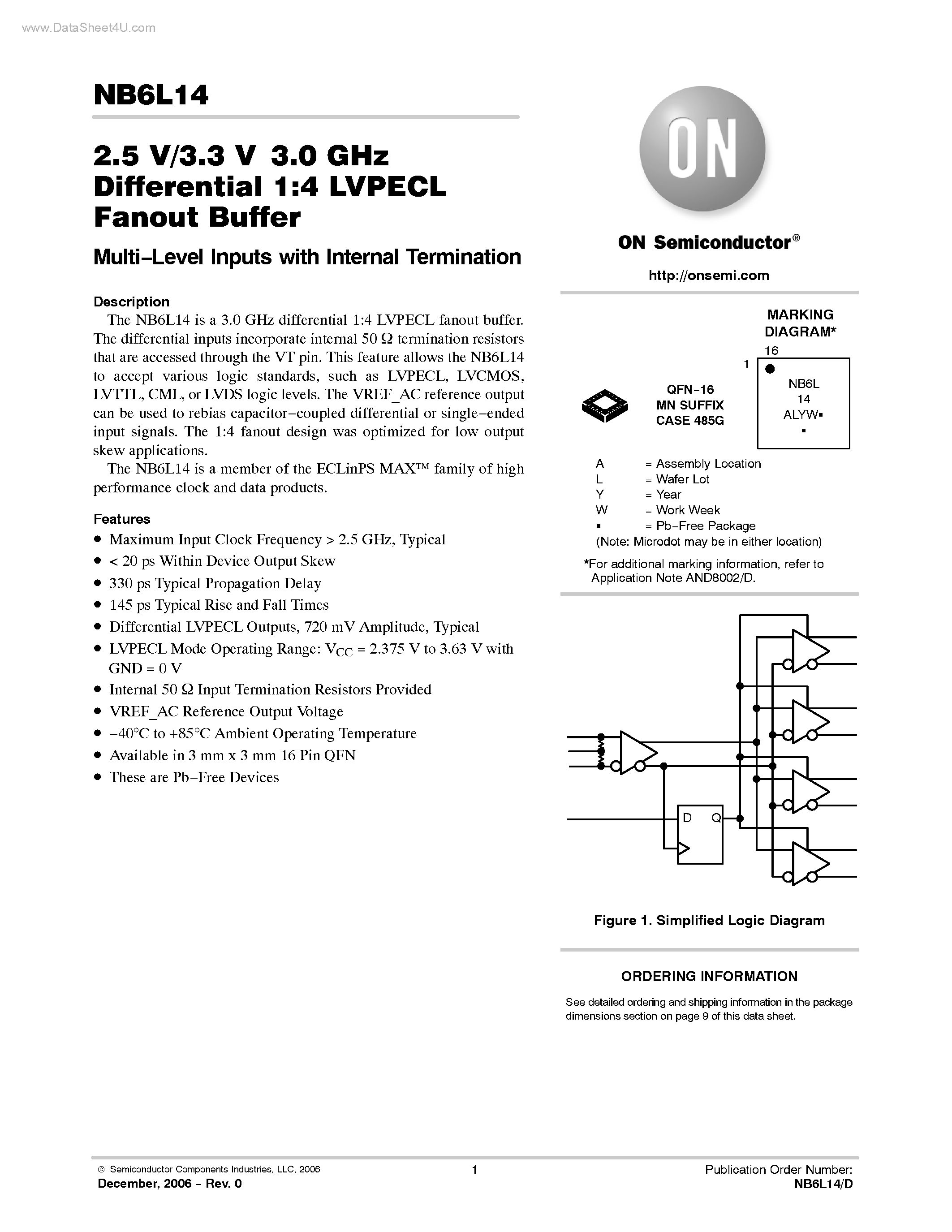 Datasheet NB6L14 - Differential 1:4 LVPECL Fanout Buffer page 1