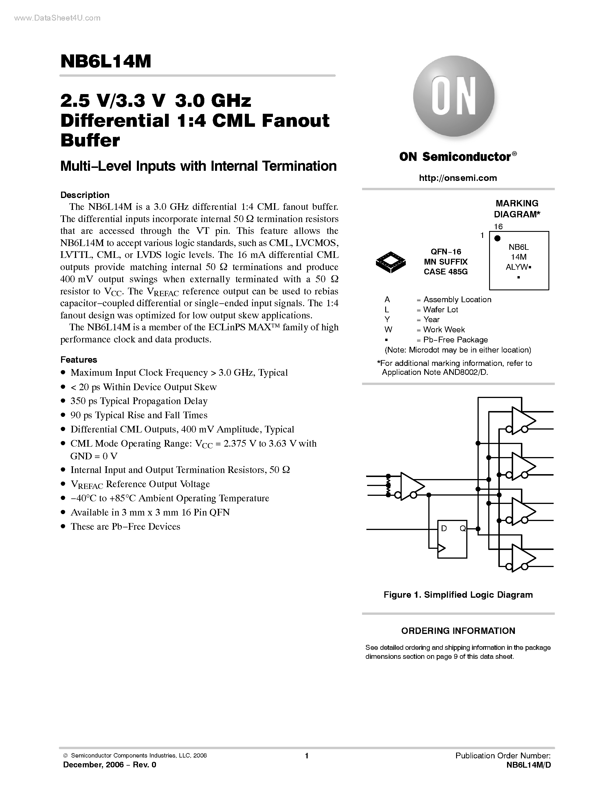 Datasheet NB6L14M - Differential 1:4 CML Fanout Buffer page 1