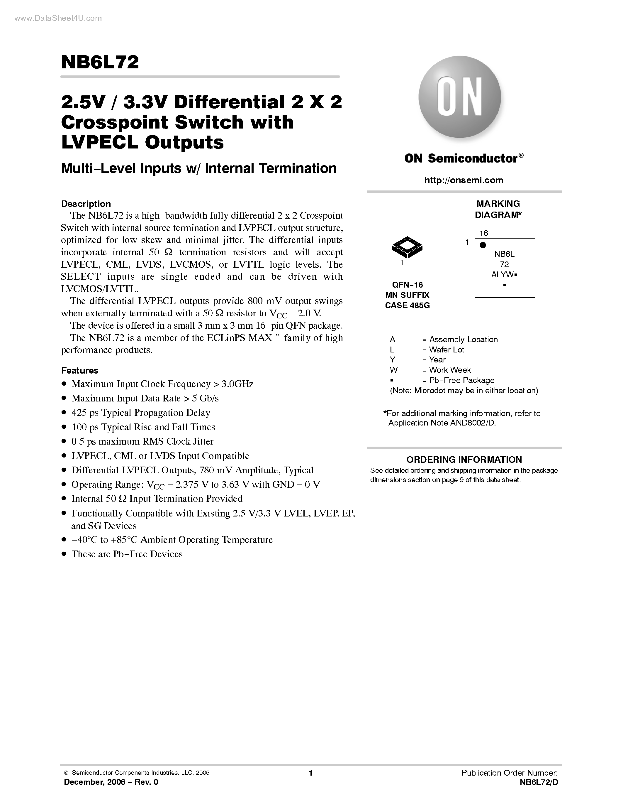 Даташит на микросхему NB6L72 страница 1 Даташит NB6L72 - Differential 2 X 2 Crosspoint Switch страница 1
