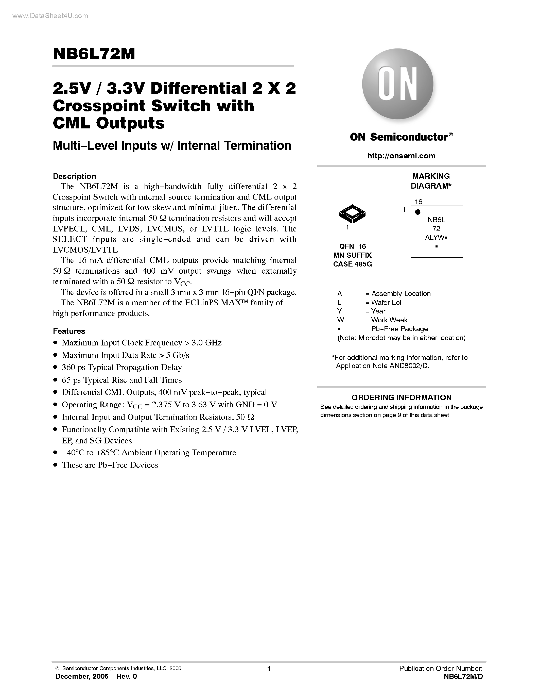 Даташит на микросхему NB6L72M страница 1 Даташит NB6L72M - Differential 2 X 2 Crosspoint Switch страница 1