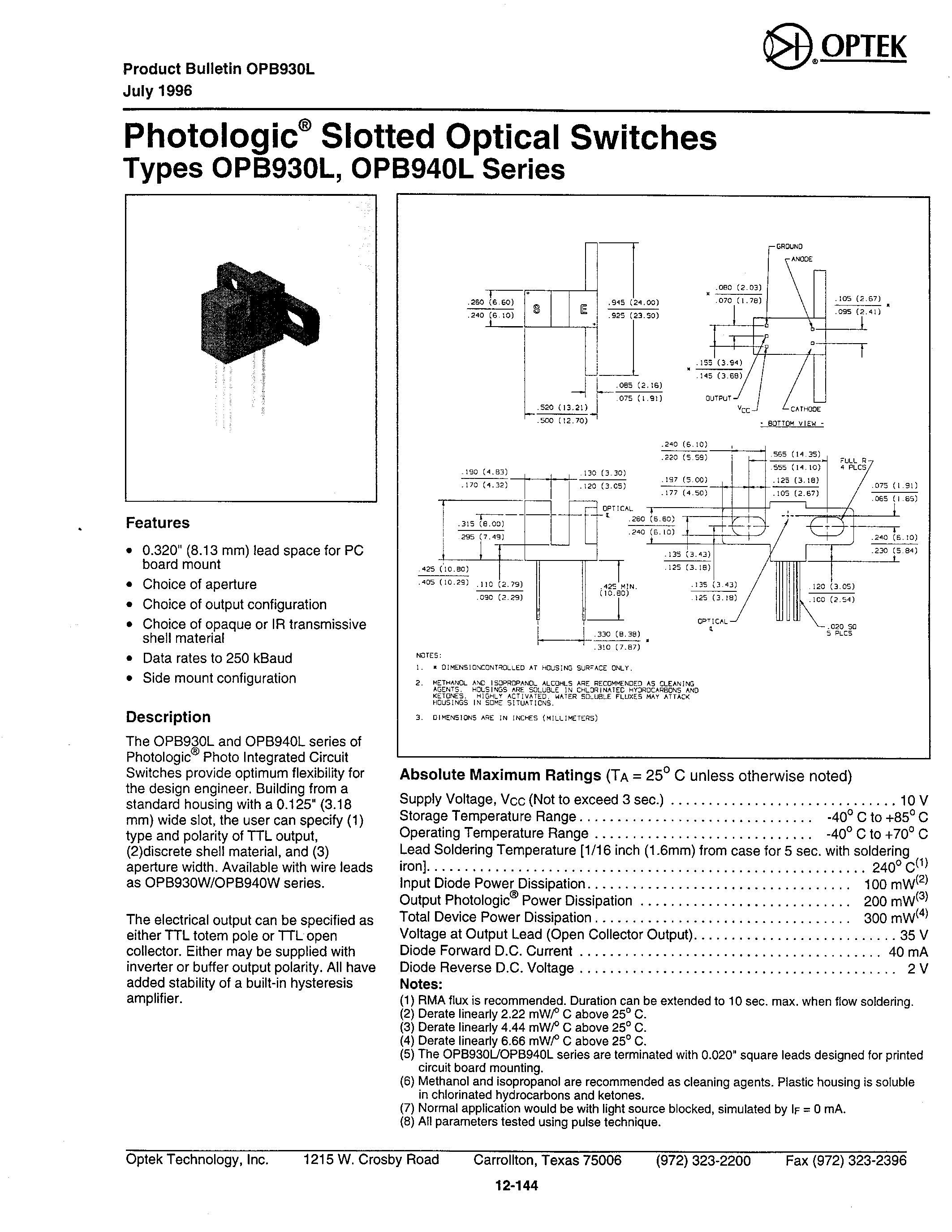 Даташит на микросхему OPB930L страница 1 Даташит OPB930L - (OPB930L / OPB940L) Photologic Slotted Optical Switches страница 1