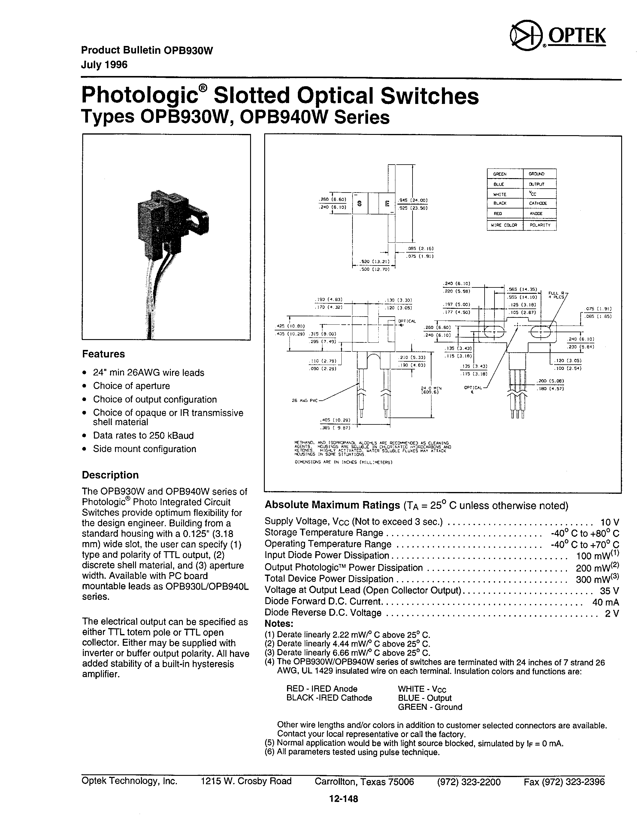 Даташит на микросхему OPB930W страница 1 Даташит OPB930W - (OPB930W / OPB940W) Photologic Slotted Optical Switches страница 1