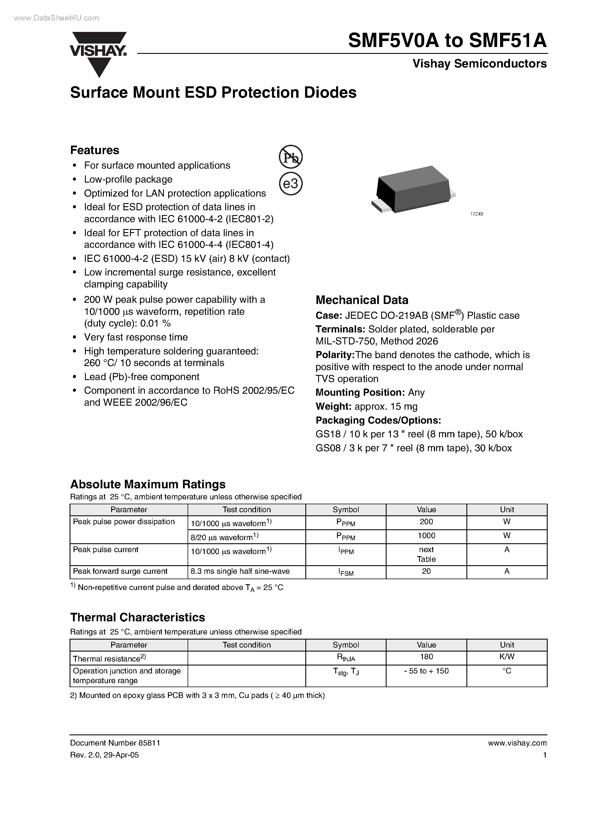 Даташит на микросхему SMF1xA страница 1 Даташит SMF1xA - (SMF6.0A - SMF51A) Surface Mount ESD Protection Diodes страница 1