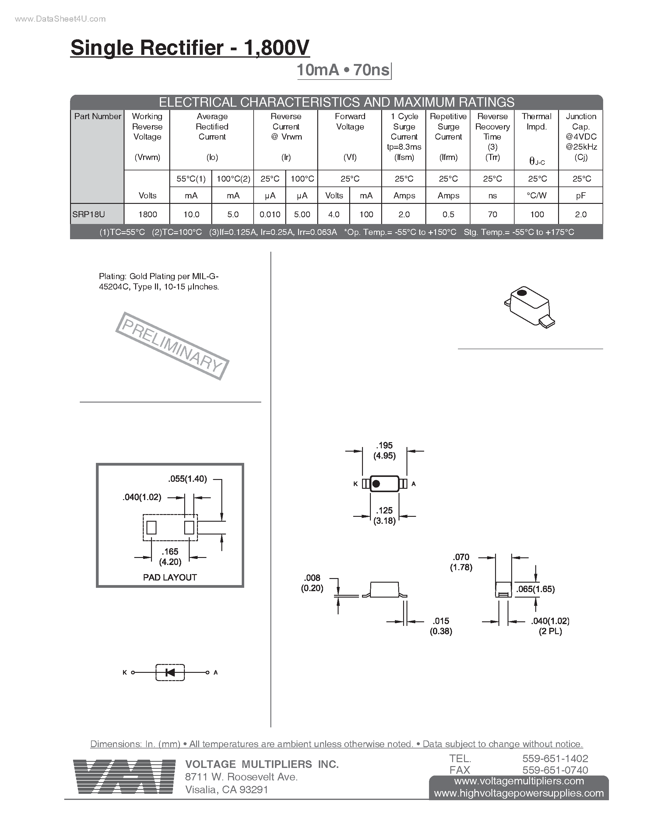 Datasheet SRP18U page 1 Datasheet SRP18U - Single Rectifier page 1