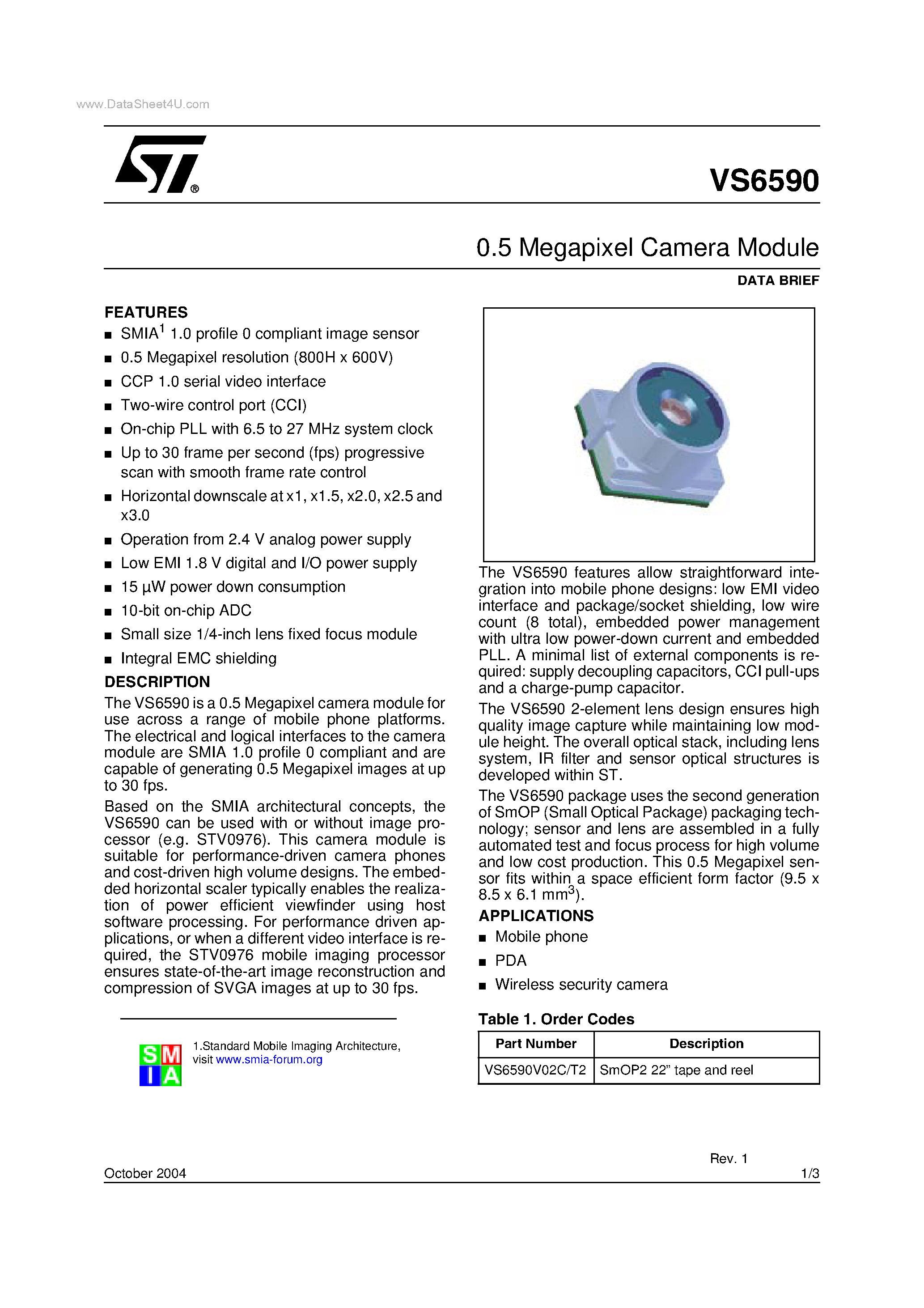 Datasheet VS6590 page 1 Datasheet VS6590 - 0.5 Megapixel Camera Module page 1