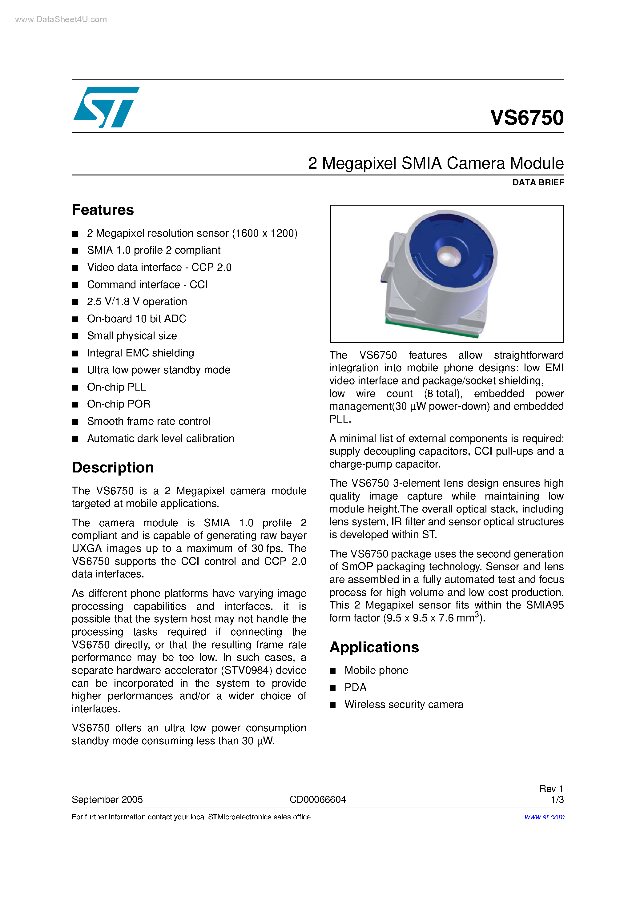 Datasheet VS6750 - 2 Megapixel SMIA Camera Module page 1