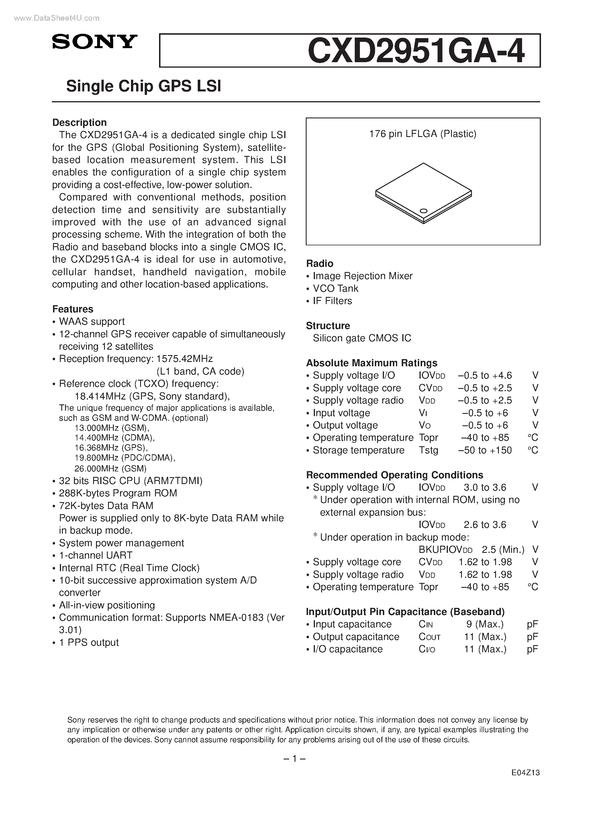 Datasheet CXD2951GA-4 page 1 Datasheet CXD2951GA-4 - Single Chip GPS LSI page 1