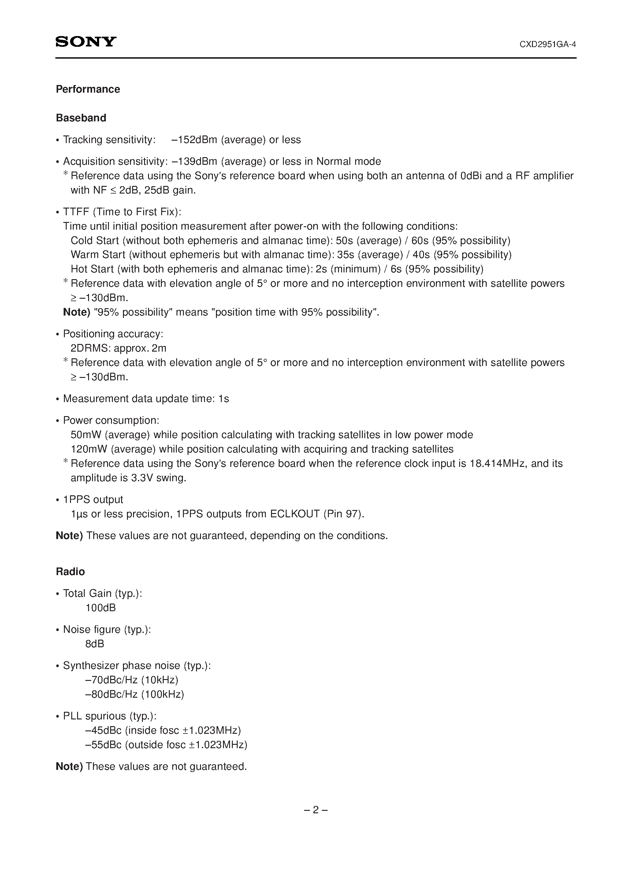 Datasheet CXD2951GA-4 page 2 Datasheet CXD2951GA-4 - Single Chip GPS LSI page 2