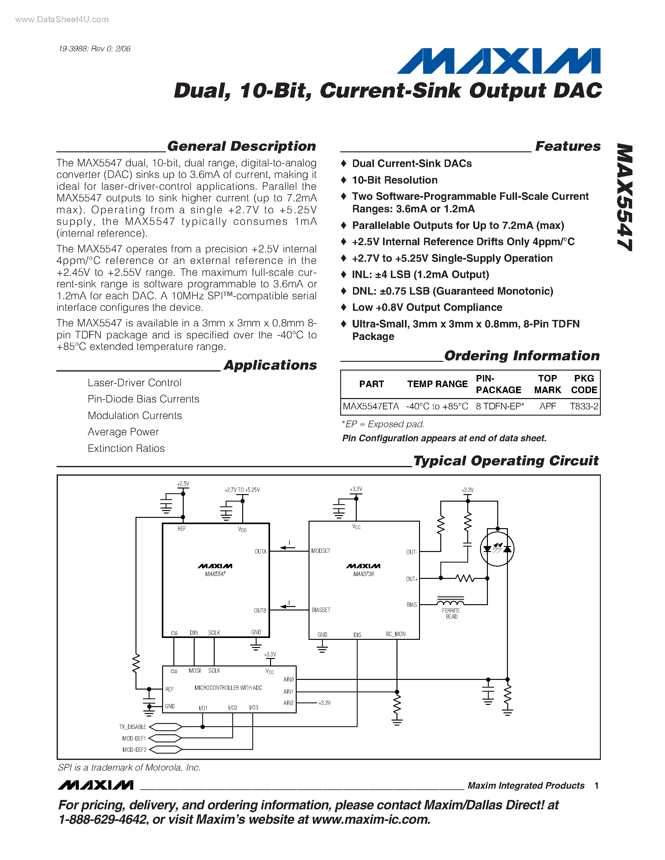 Datasheet MAX5547 - Current-Sink Output DAC page 1