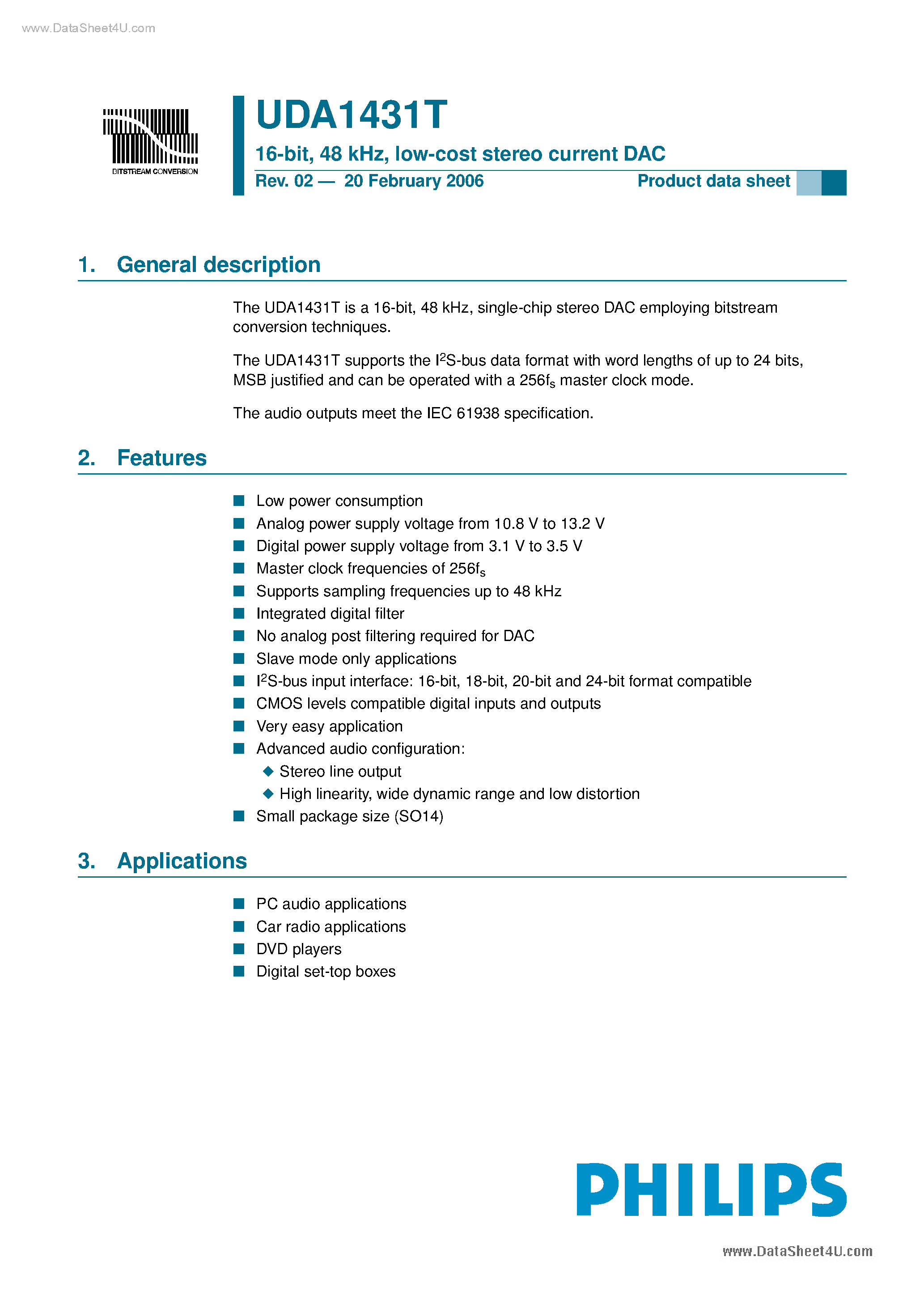 Datasheet UDA1431T - low-cost stereo current DAC page 1