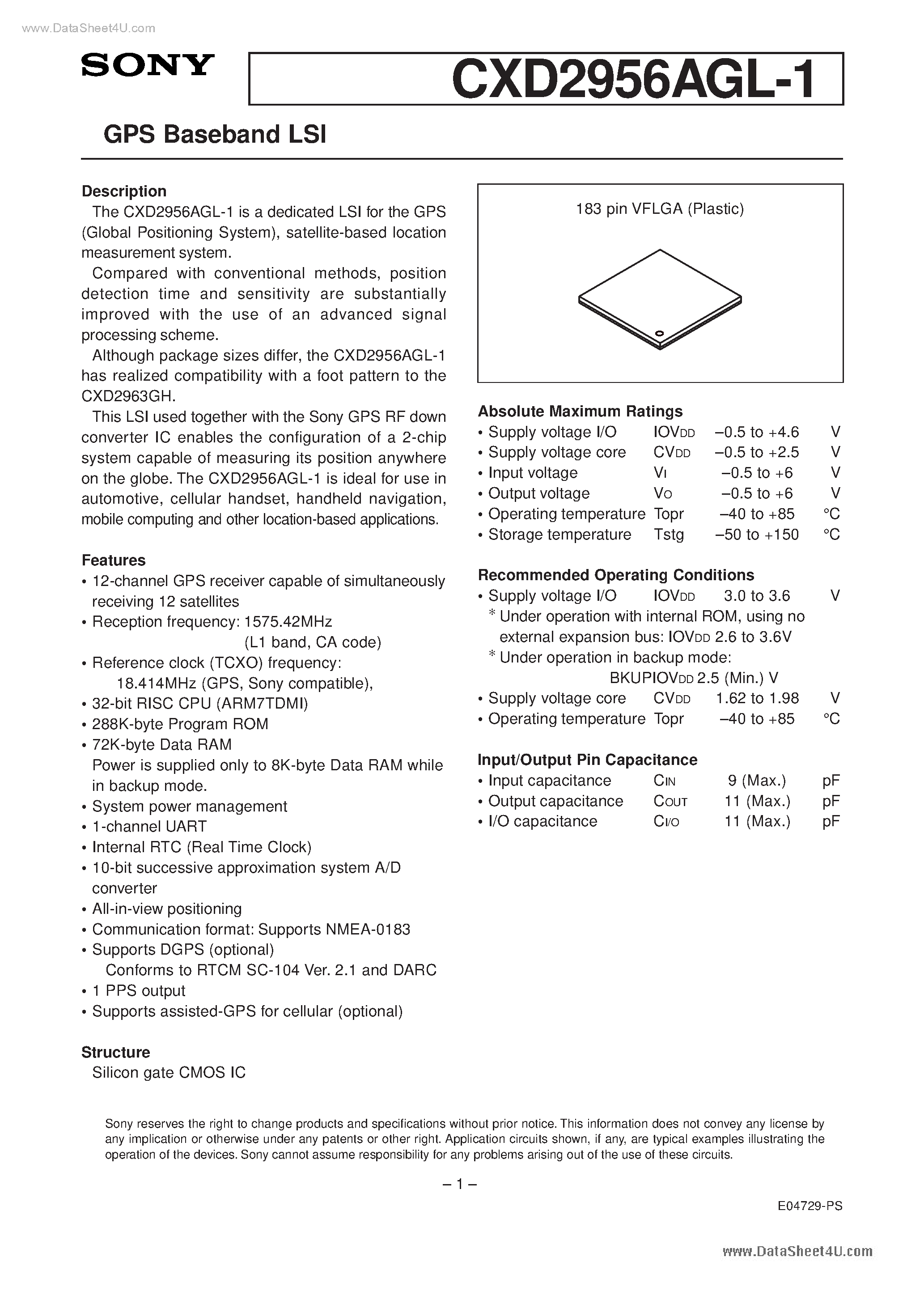 Даташит CXD2956AGL-1 - GPS Baseband Lsi страница 1