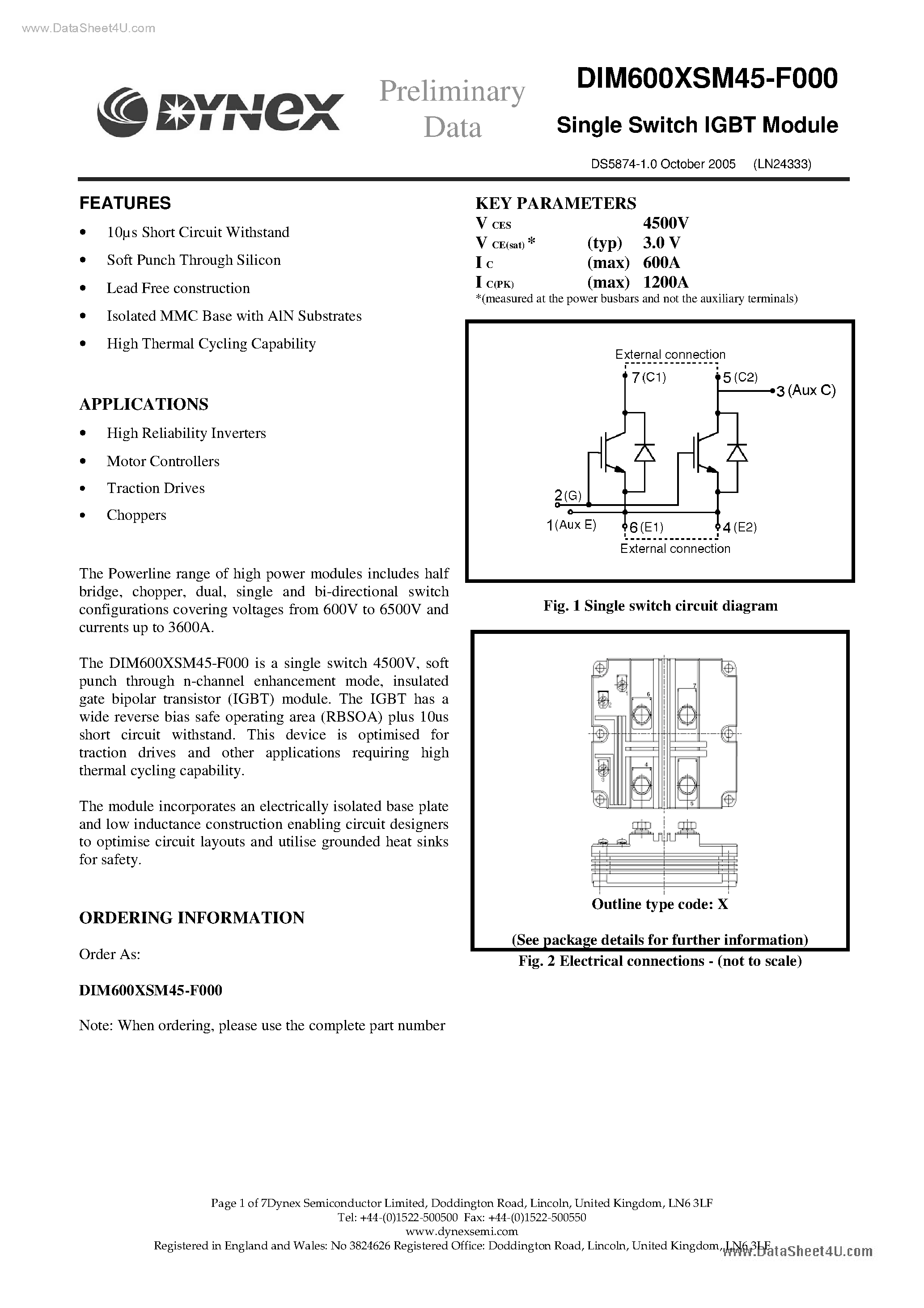 Даташит DIM600XSM45-F000 - Single Switch IGBT Module страница 1