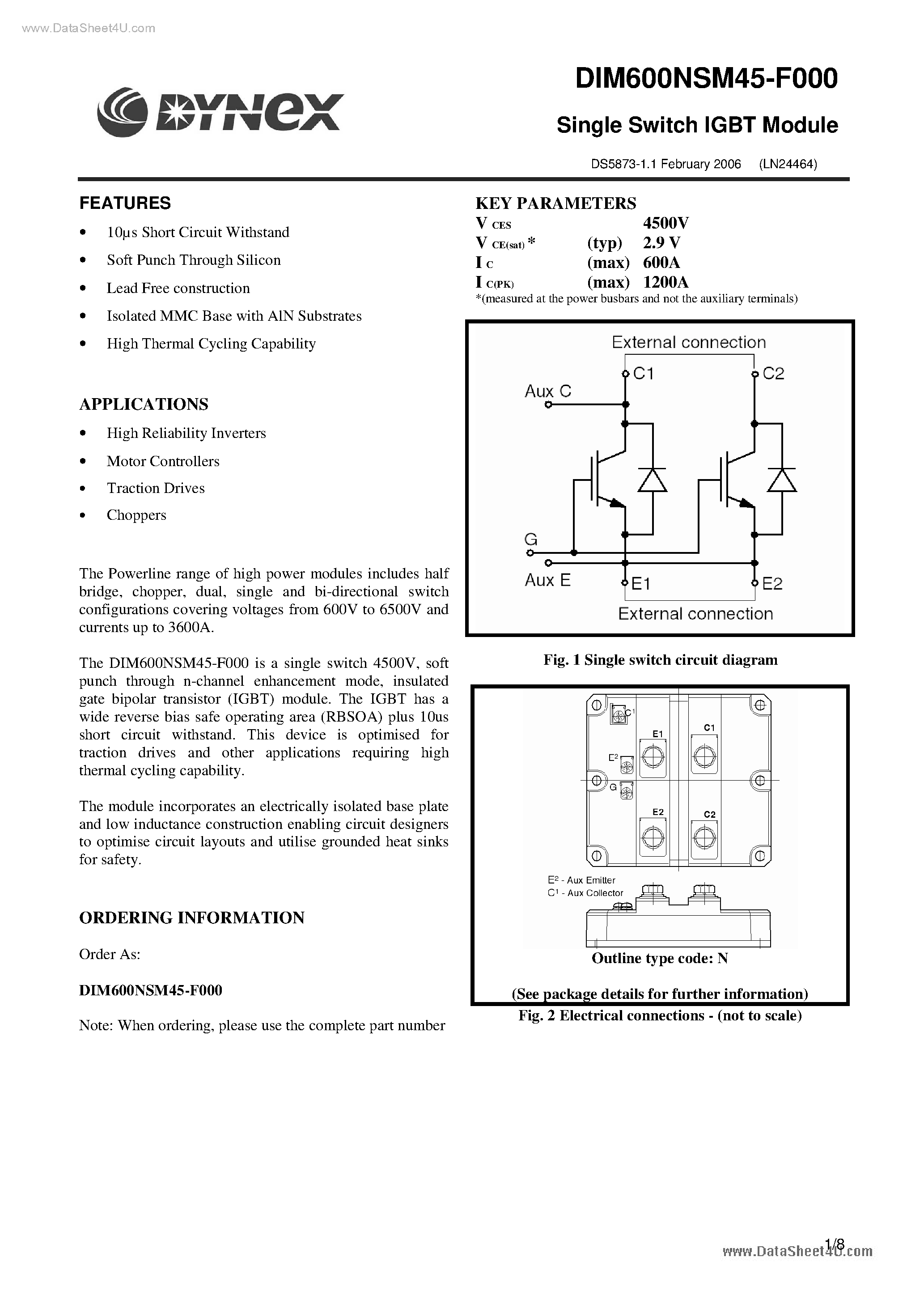 Даташит на микросхему DIM600NSM45-F0000 страница 1 Даташит DIM600NSM45-F0000 - Single Switch IGBT Module страница 1