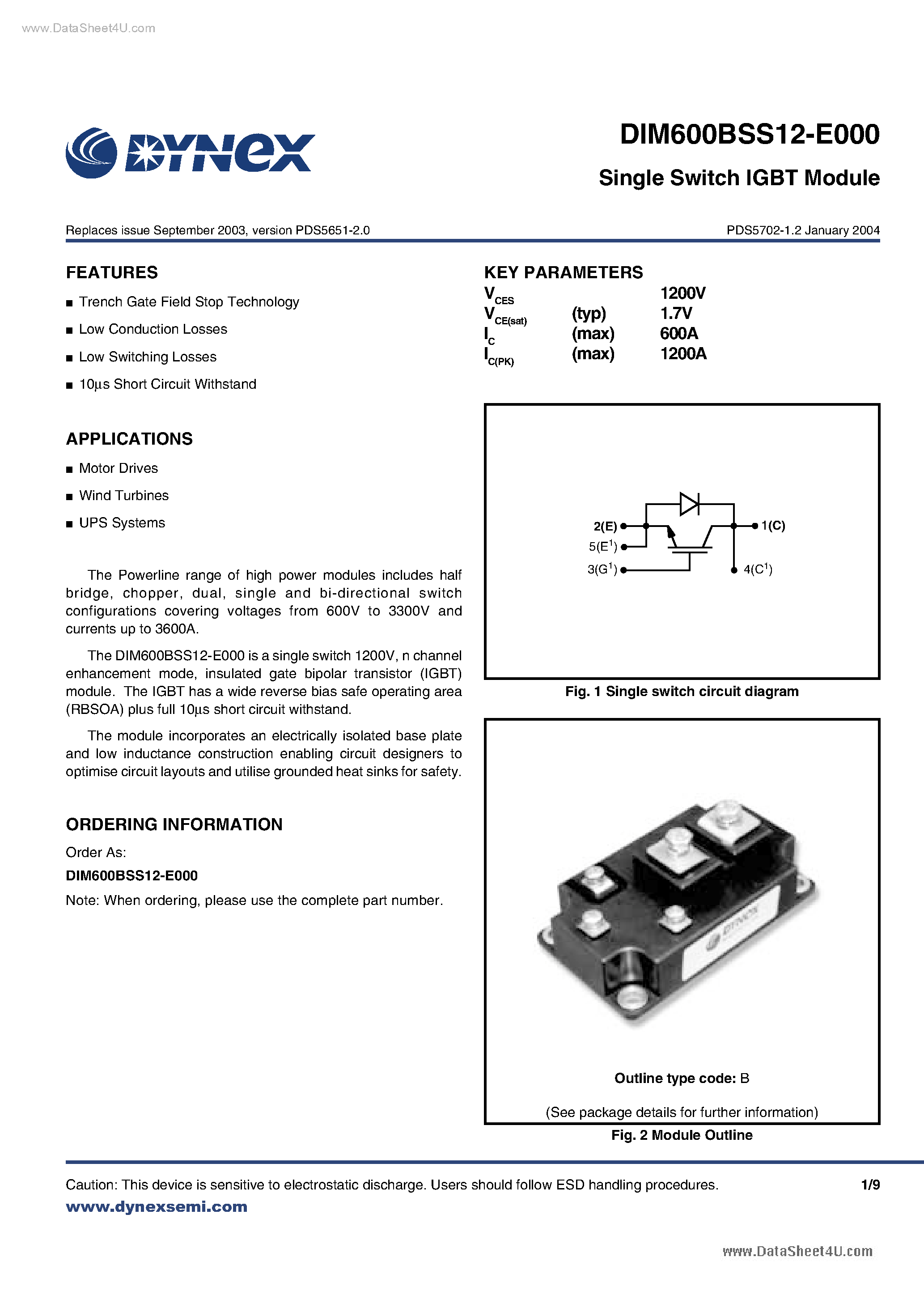 Даташит DIM600BSS12-E000 - Single Switch IGBT Module страница 1