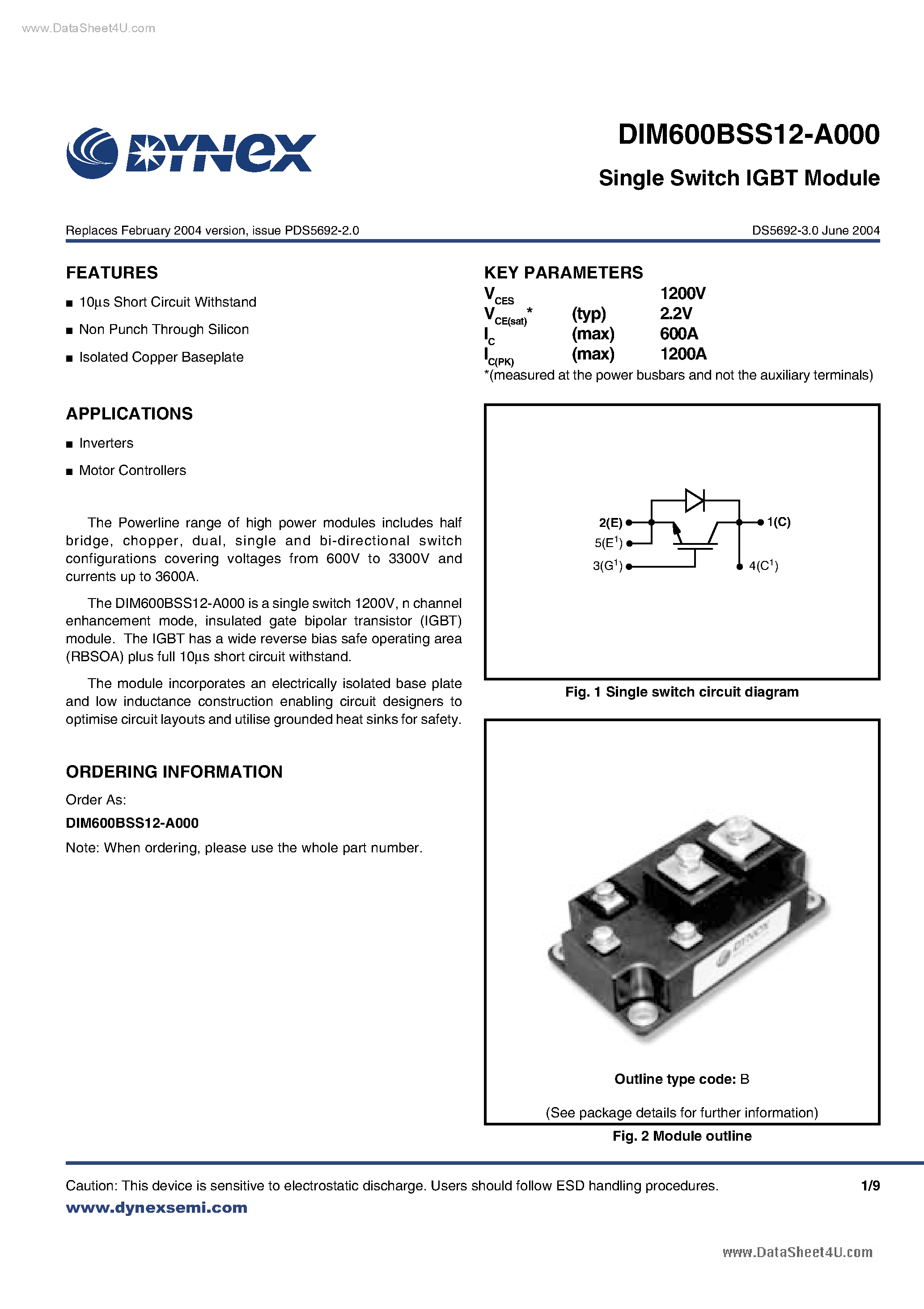 Даташит DIM600BSS12-A000 - Single Switch IGBT Module страница 1