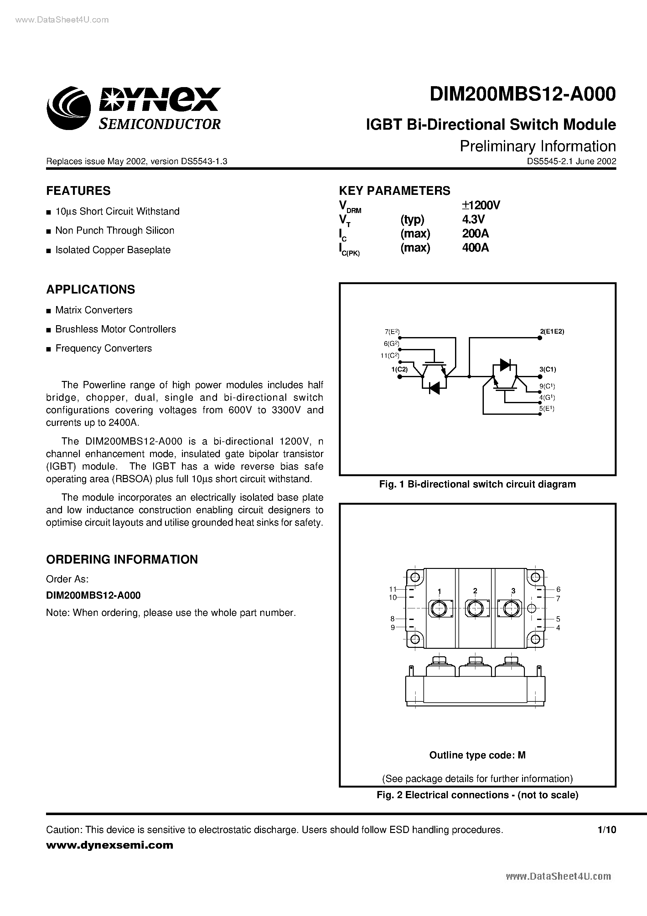 Даташит DIM200MBS12-A000 - Bi-directional Switch Igbt Module страница 1