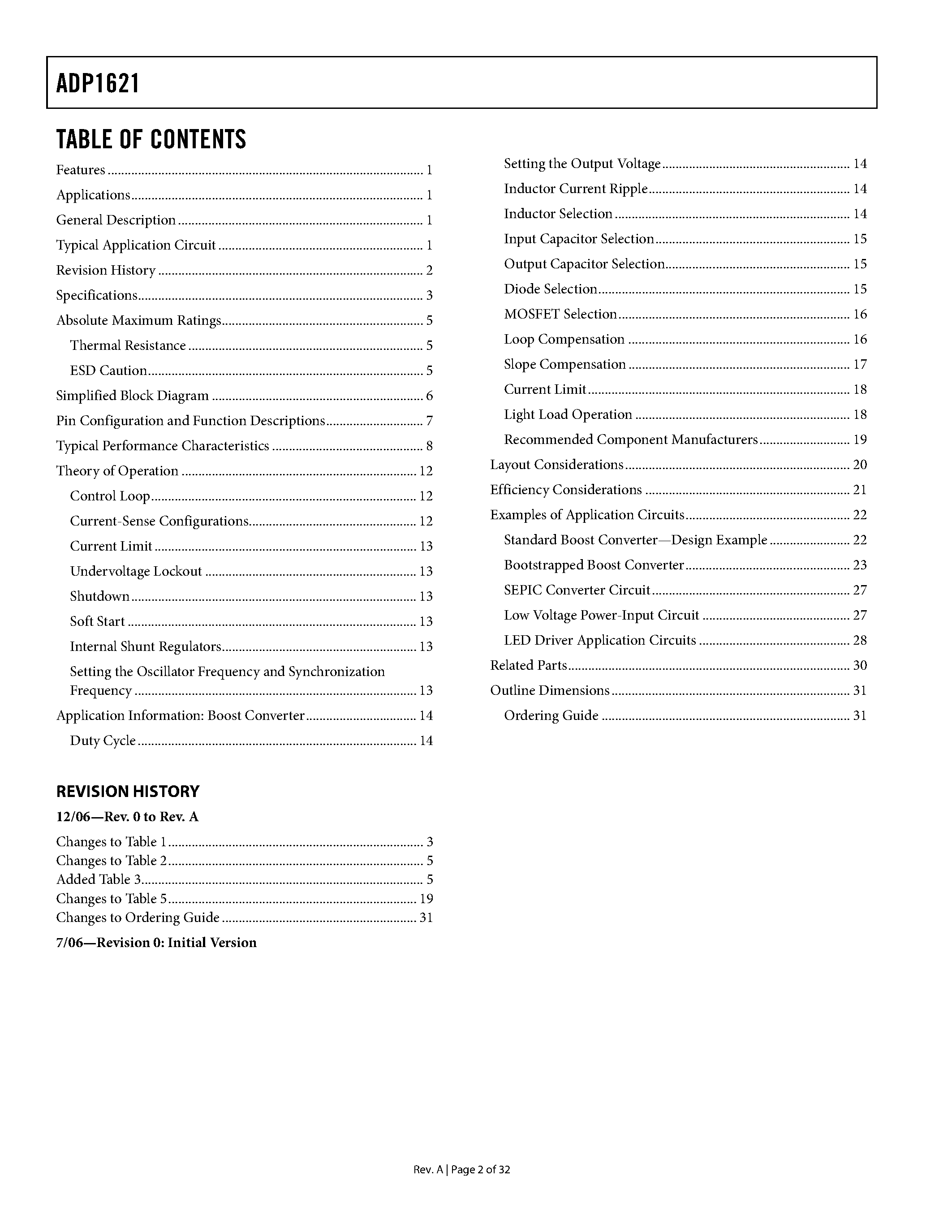 Datasheet ADP1621 page 2 Datasheet ADP1621 - Current-Mode Step-Up DC/DC Controller page 2
