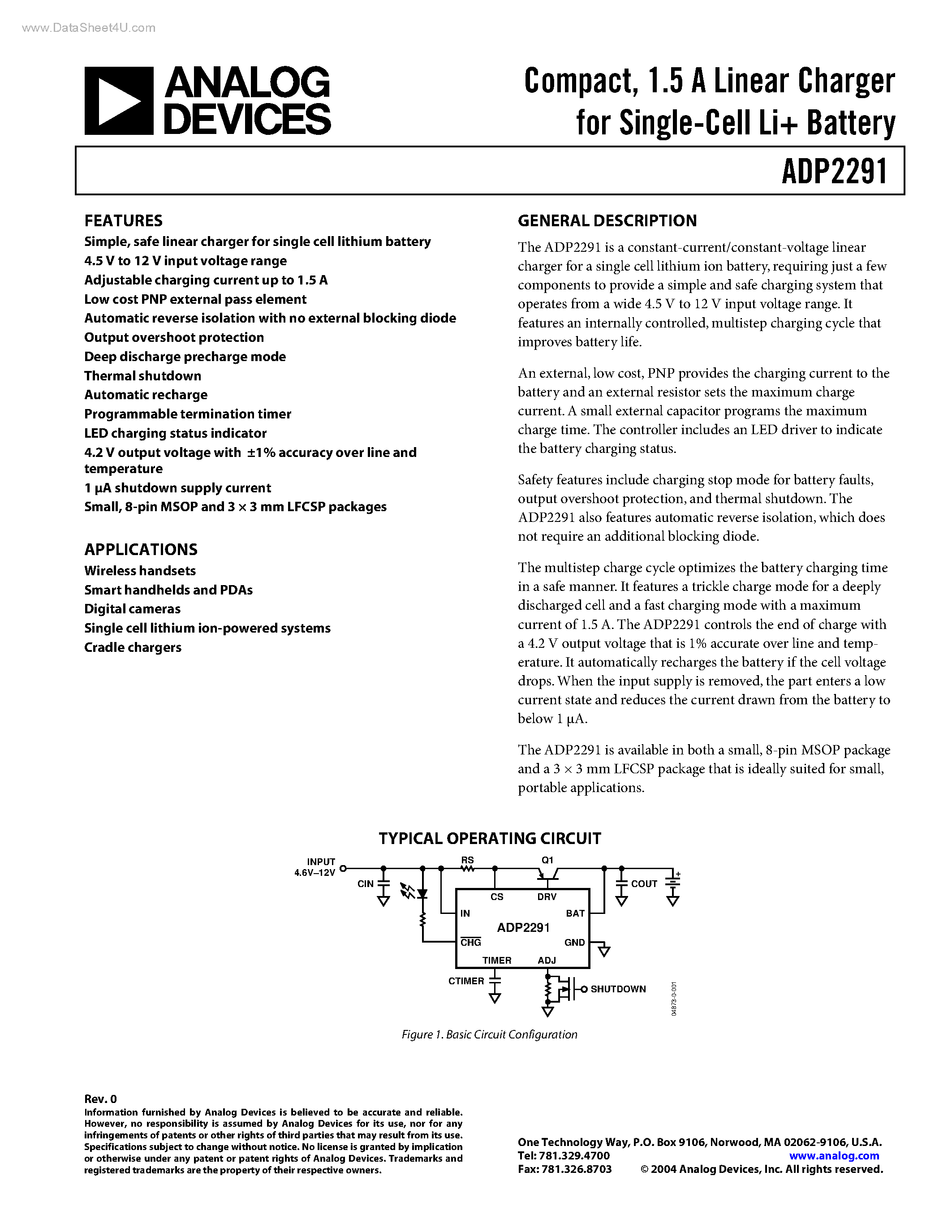 Datasheet ADP2291 - Linear Charger page 1
