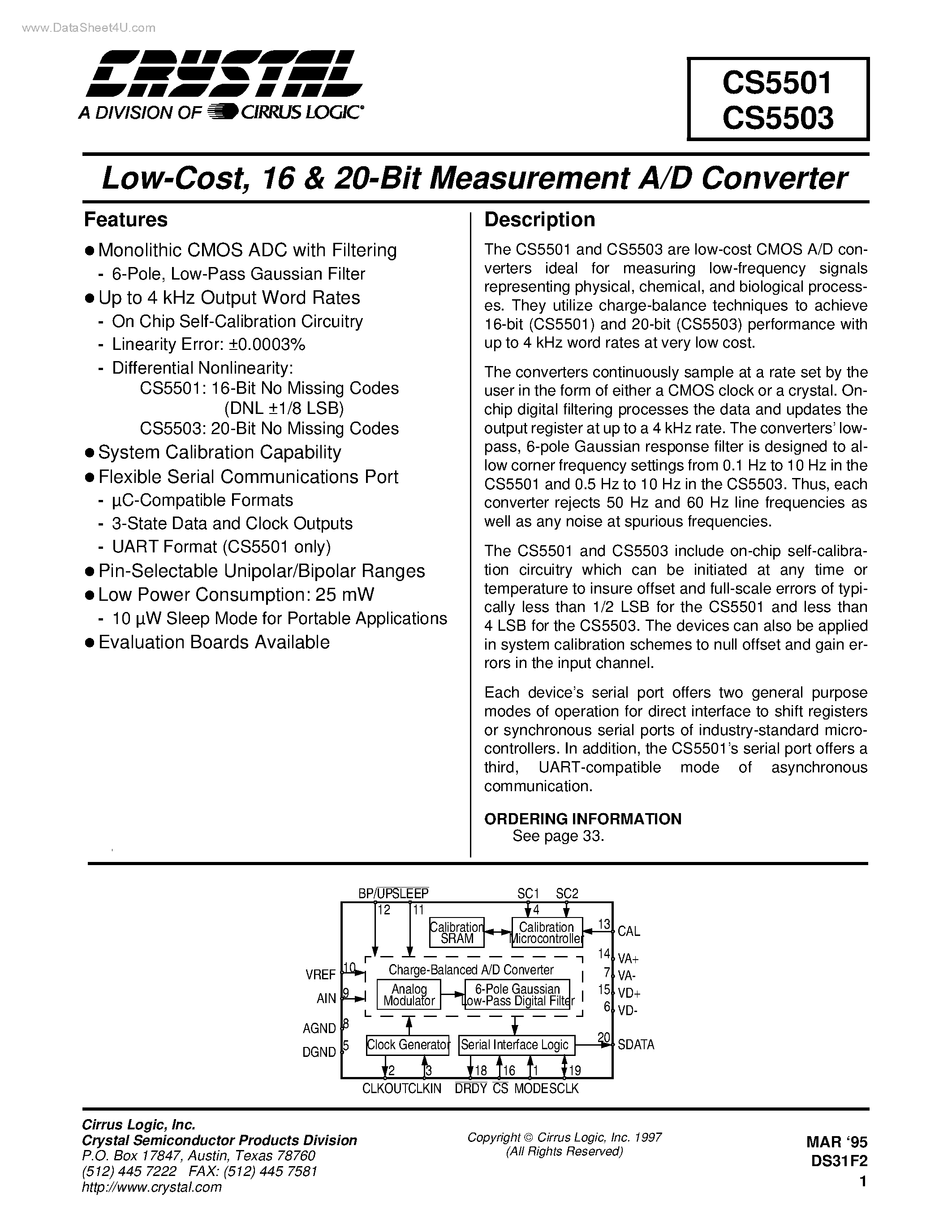 Даташит на микросхему CS5501 страница 1 Даташит CS5501 - (CS5501 / CS5503) Measurement A/D Converter страница 1