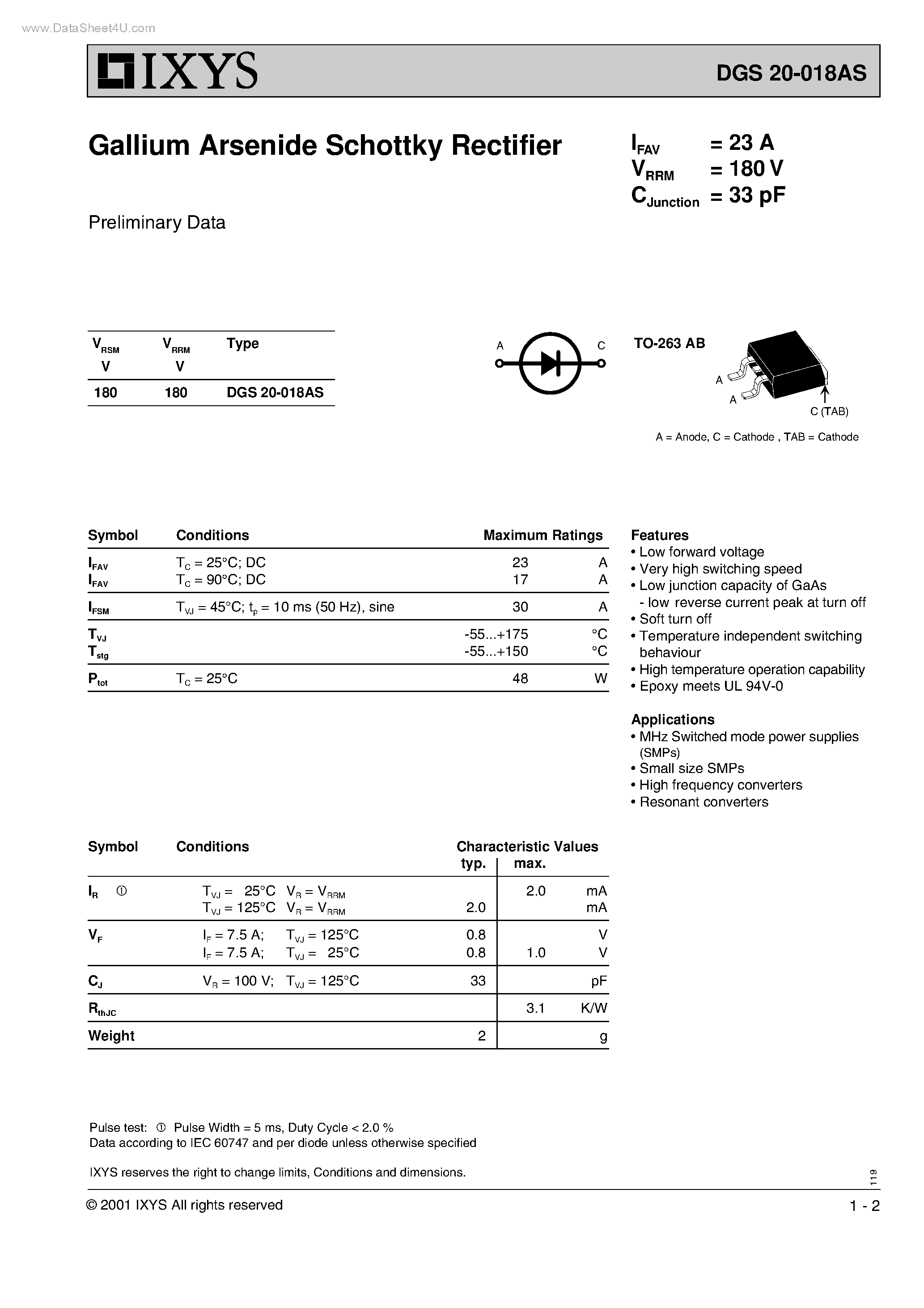 Datasheet DGS20-018AS page 1 Datasheet DGS20-018AS - Gallium Arsenide Schottky Rectifier page 1