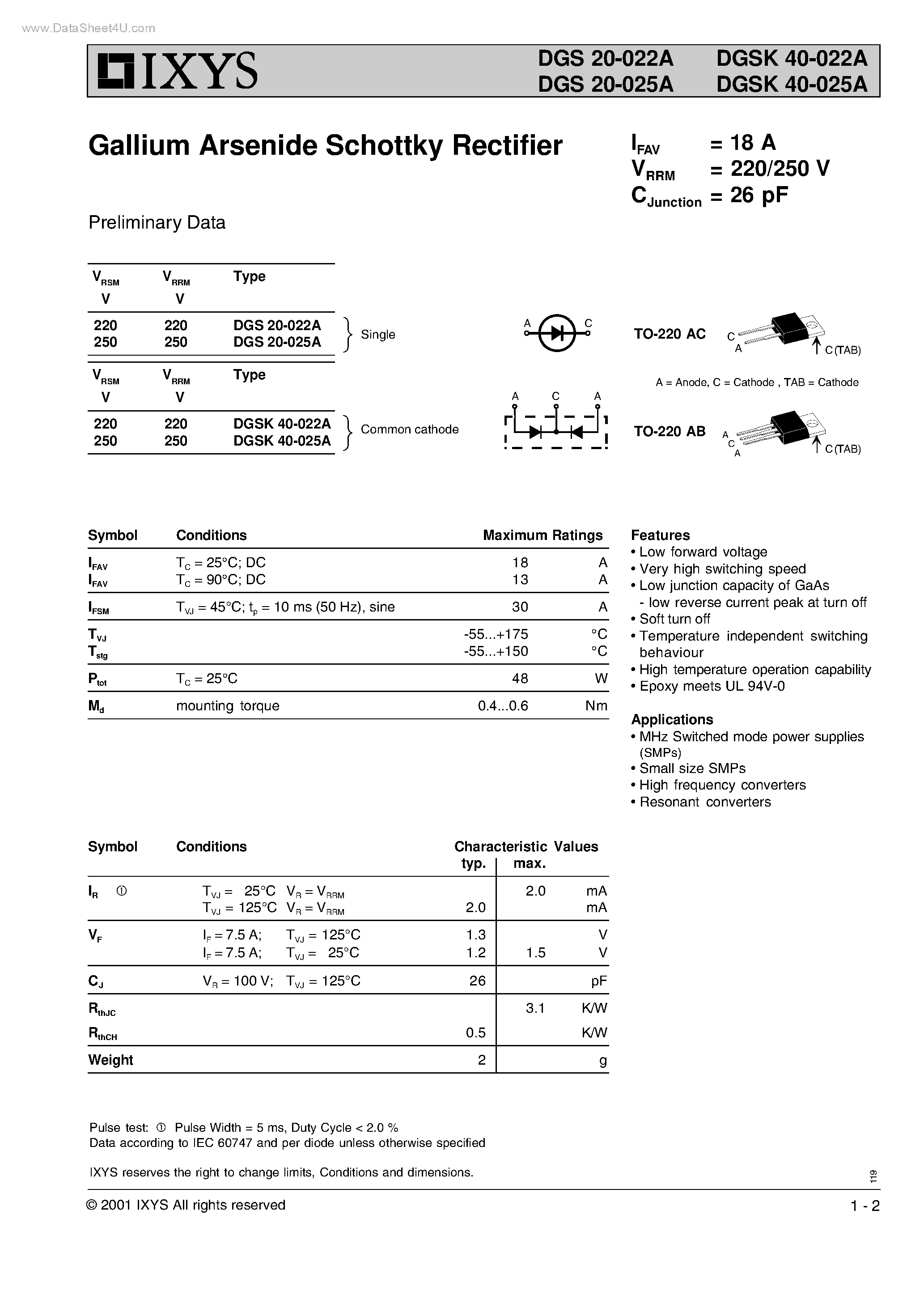 Datasheet DGS20-022A page 1 Datasheet DGS20-022A - (DGSx0-02xA) Gallium Arsenide Schottky Rectifier page 1
