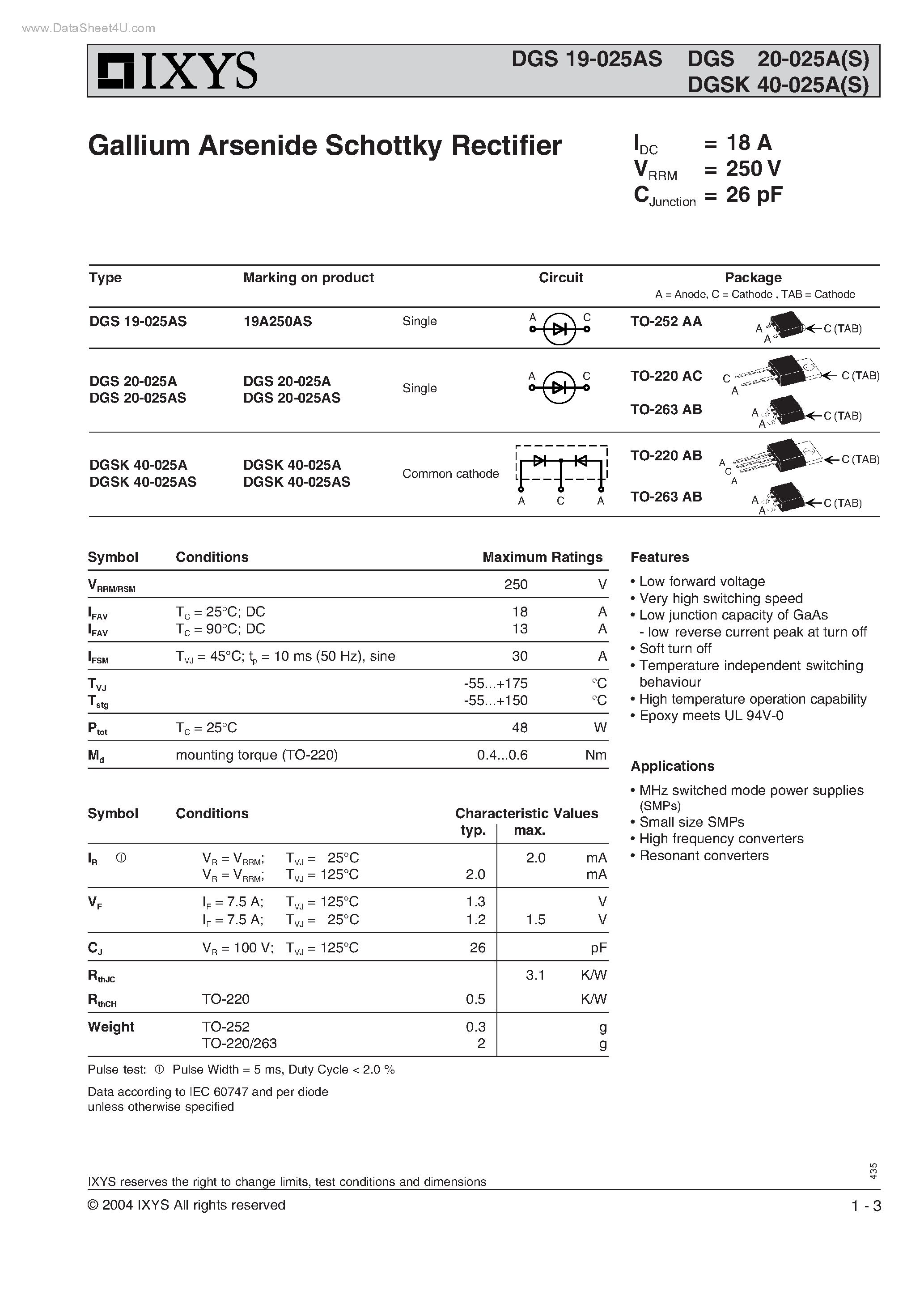 Datasheet DGS20-025AS page 1 Datasheet DGS20-025AS - Gallium Arsenide Schottky Rectifier page 1