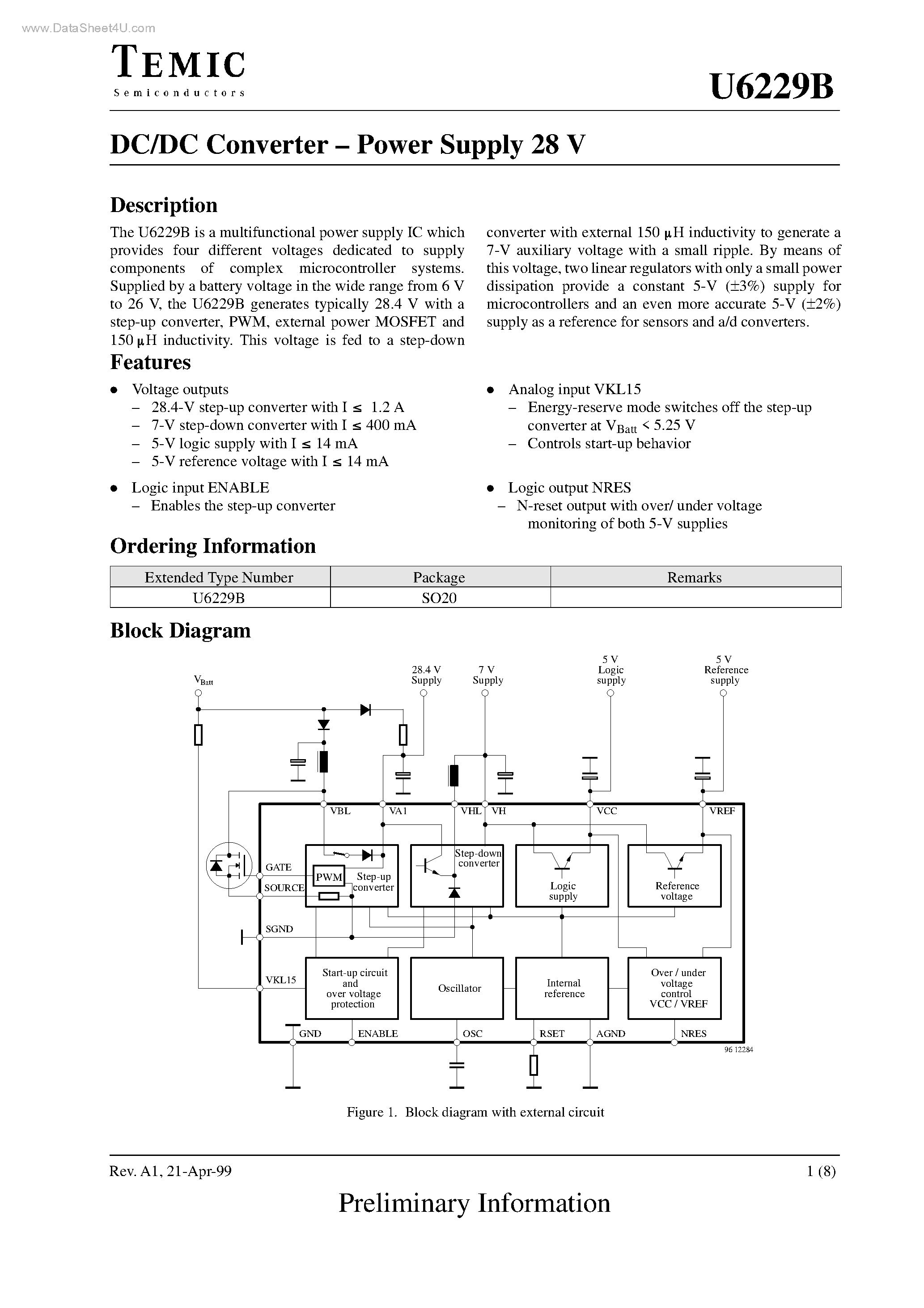 Даташит U6229B - DC/DC Converter - Power Supply 28 V страница 1