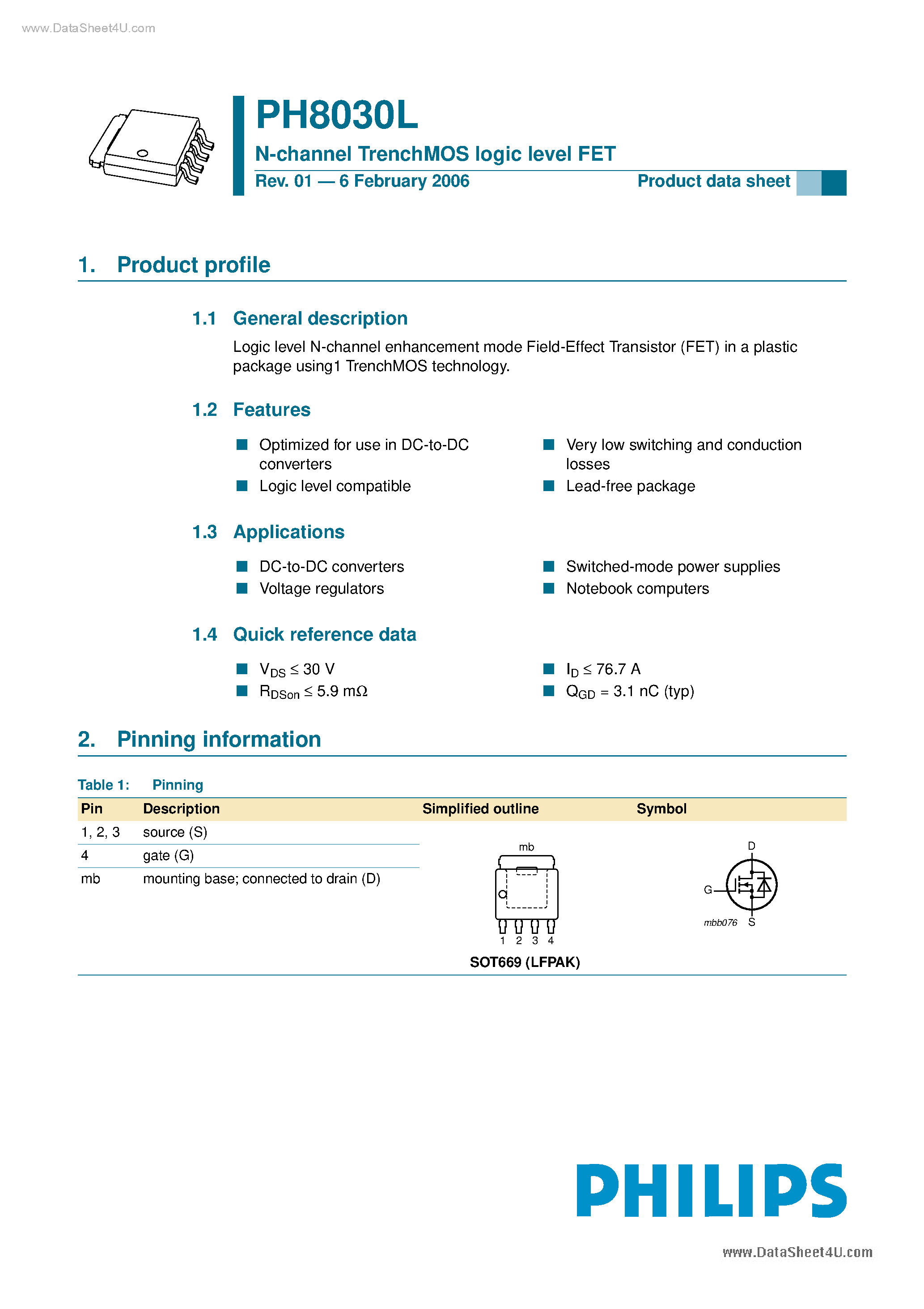 Datasheet PH8030L - N-channel TrenchMOS logic level FET page 1