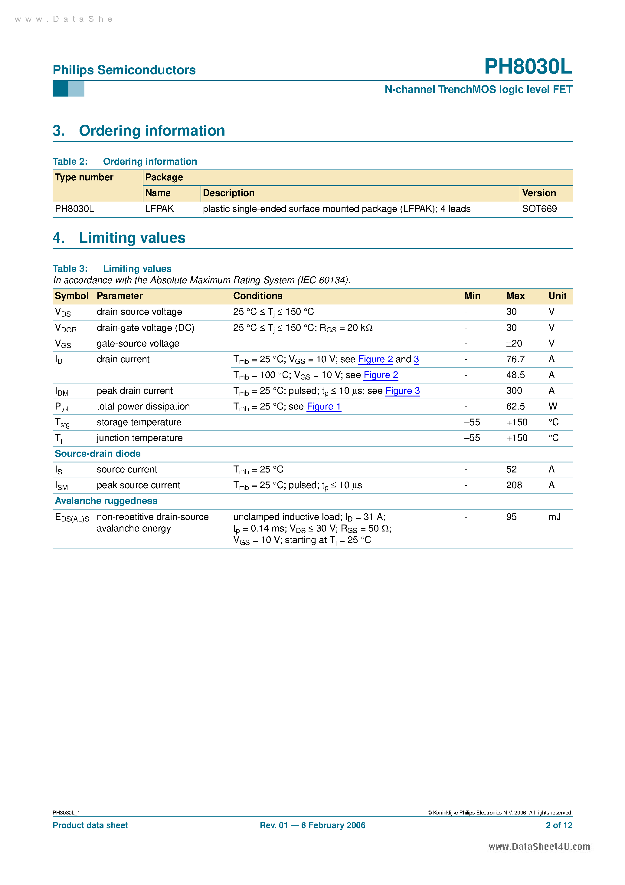Datasheet PH8030L - N-channel TrenchMOS logic level FET page 2