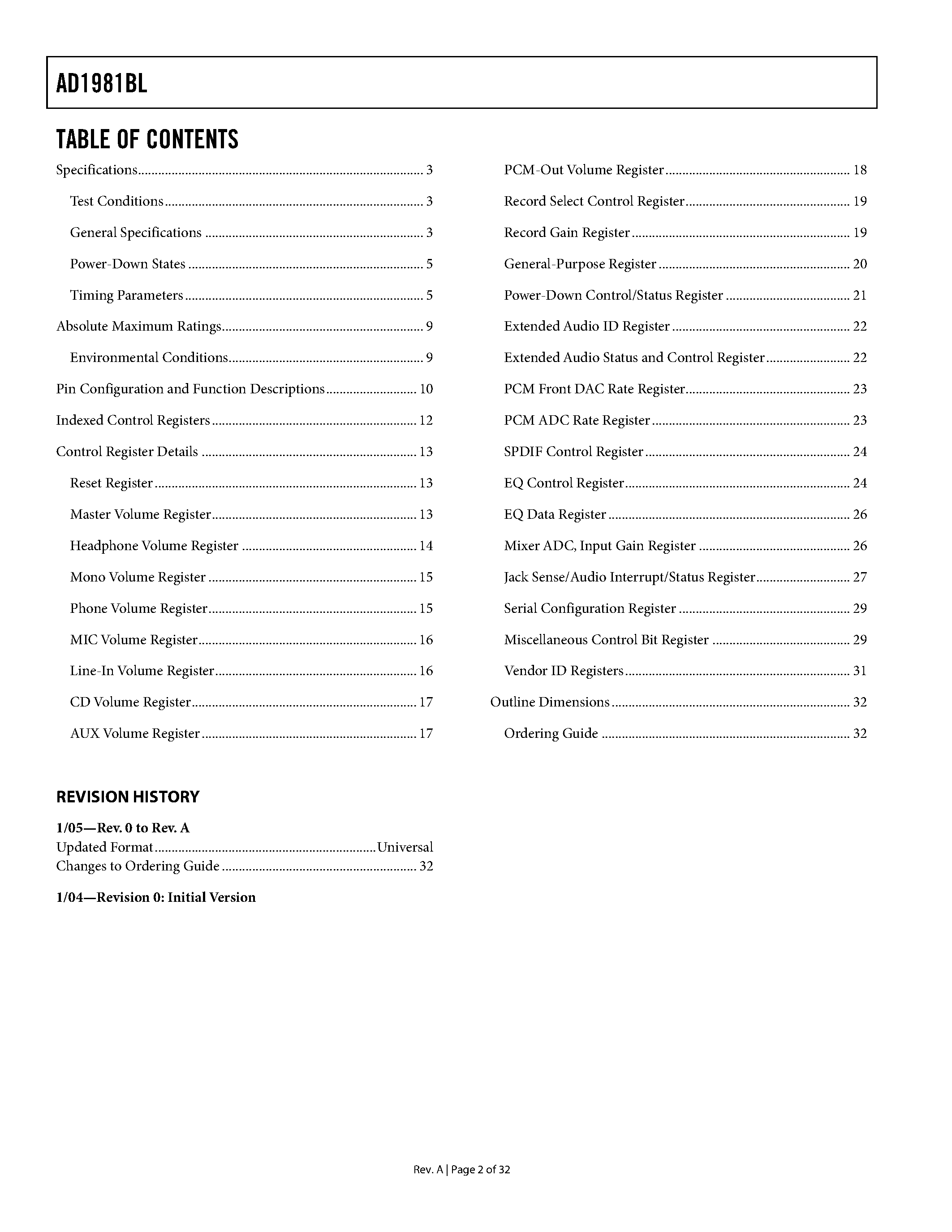 Datasheet AD1981BL page 2 Datasheet AD1981BL - AC 97 SoundMAX Codec page 2