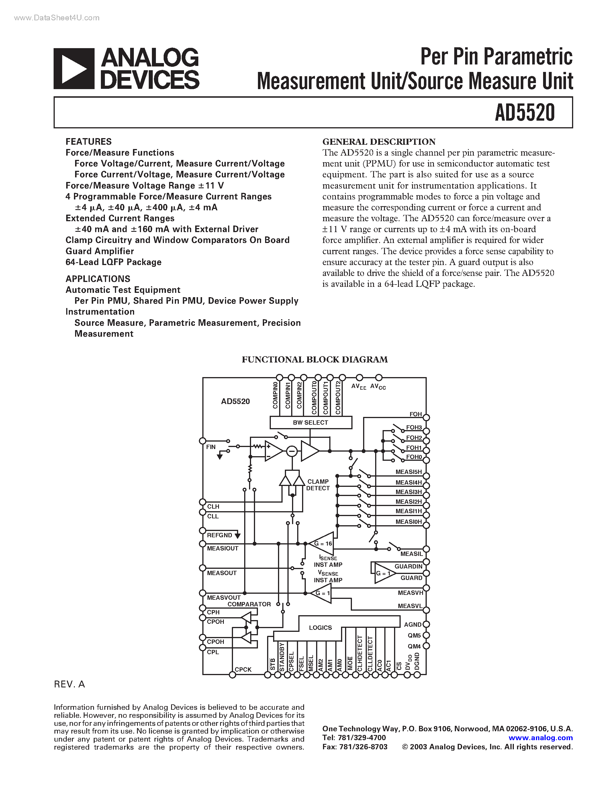 Даташит AD5520 - Per Pin Parametric Measurement Unit/Source Measure Unit страница 1